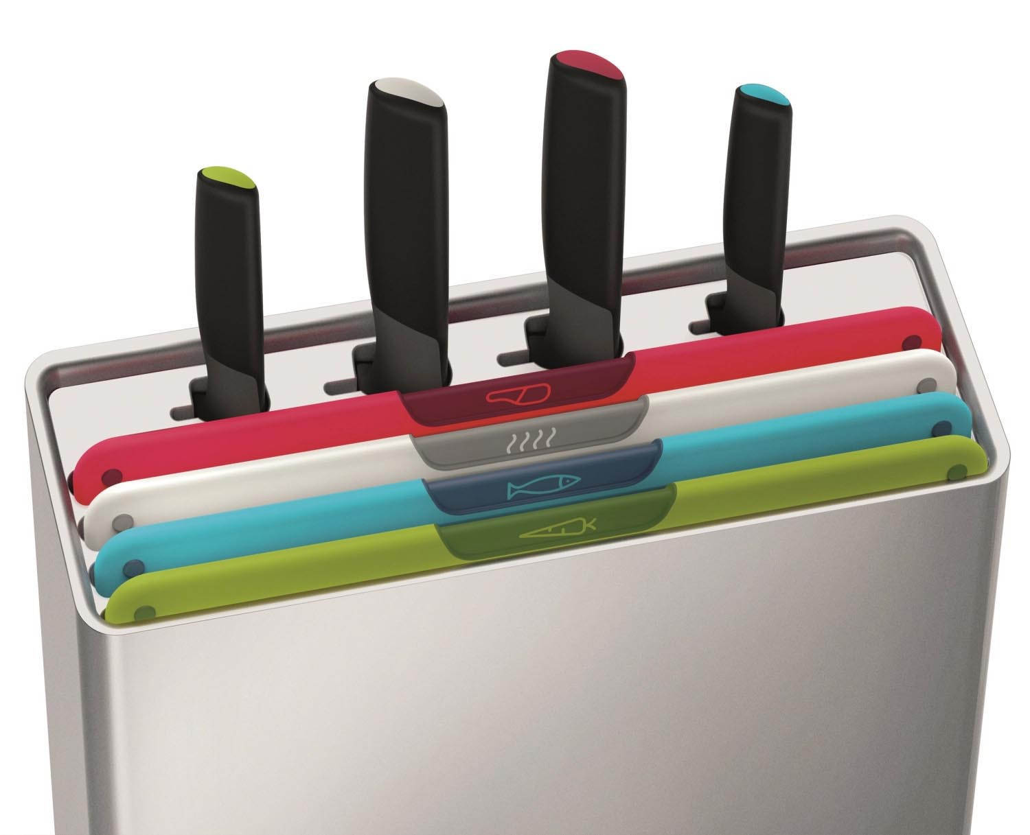 Das Folio Icon Plus Messerset von Joseph Joseph bietet 8 farbige Messer in einem stilvollen, platzsparenden Halter.