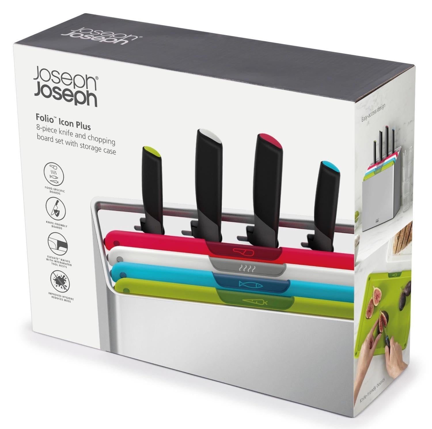 Das Joseph Joseph Folio Icon Plus Messerset enthält 8 bunte Messer in einem modernen Halter, ideal für präzises und sicheres Schneiden.