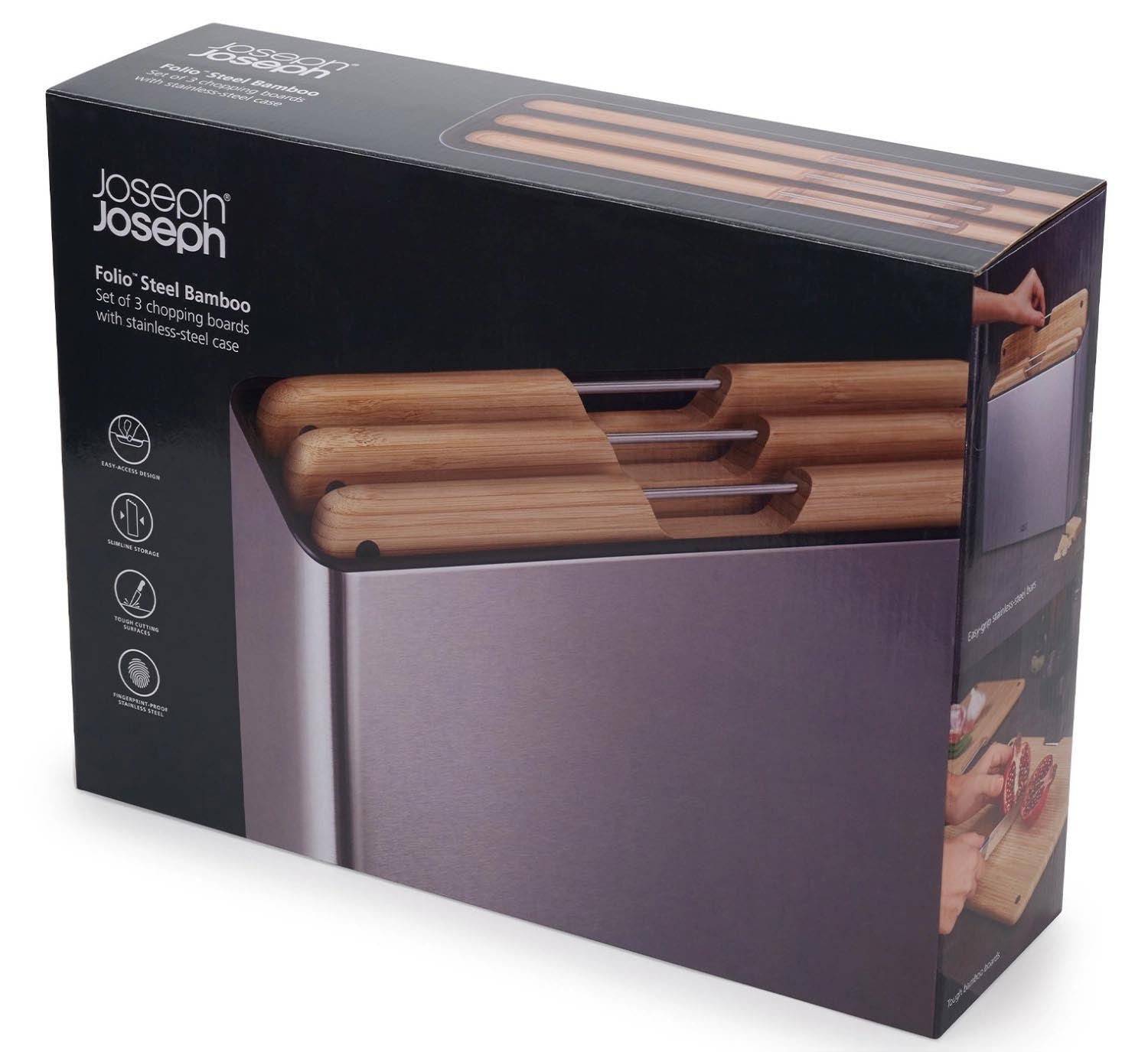 Stilvolles 3-teiliges Schneidebrett-Set aus Bambus und Edelstahl von Joseph Joseph, perfekt für hygienisches und modernes Kochen.