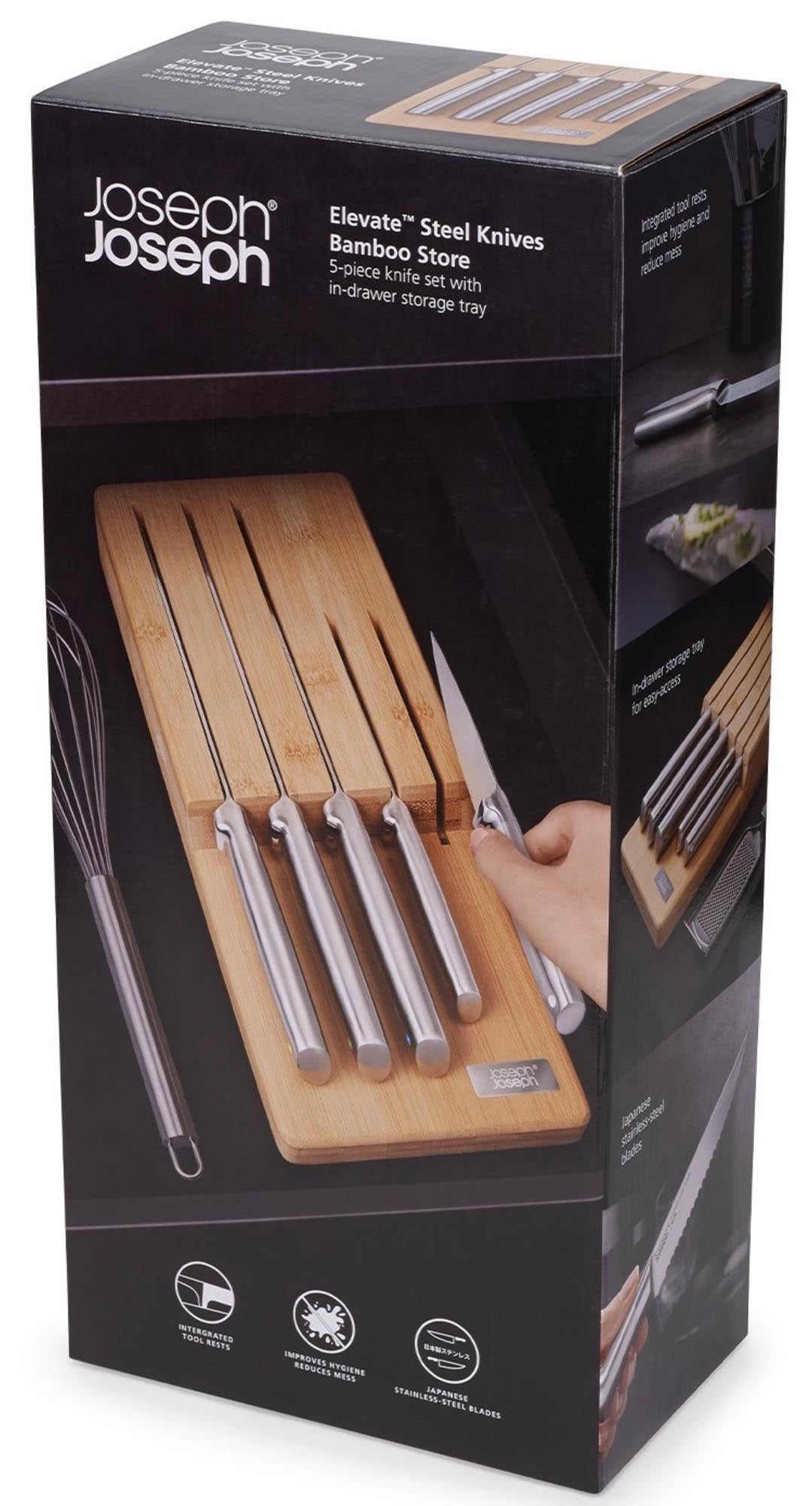 Eleganter Bambusblock mit 5 Edelstahlmessern von Joseph Joseph, perfekt für stilvolle und funktionale Küchen.