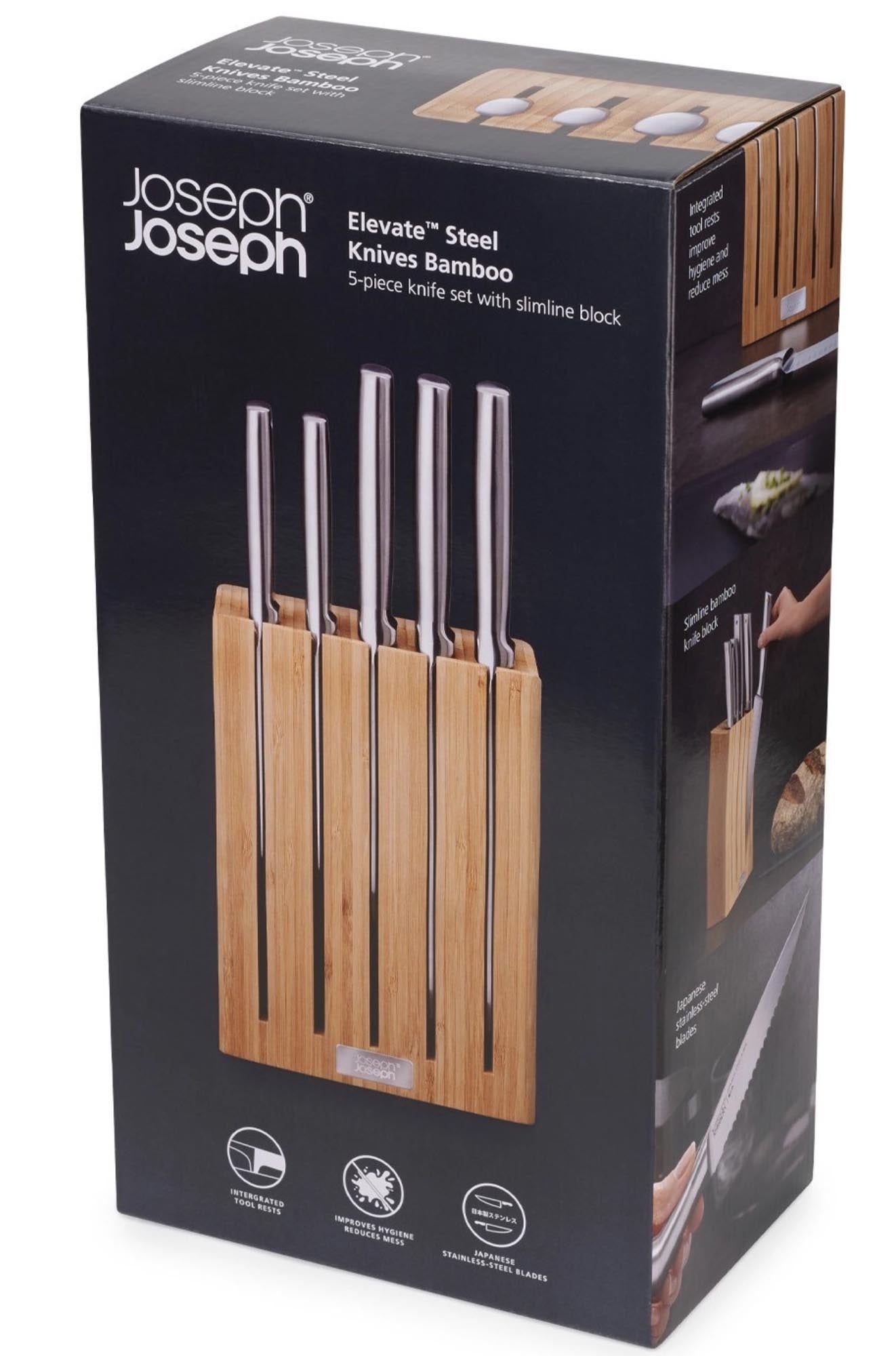 Stilvoller Bambus-Messerblock mit 5 erstklassigen Elevate Steel Messern von Joseph Joseph, perfekt für moderne Küchen.