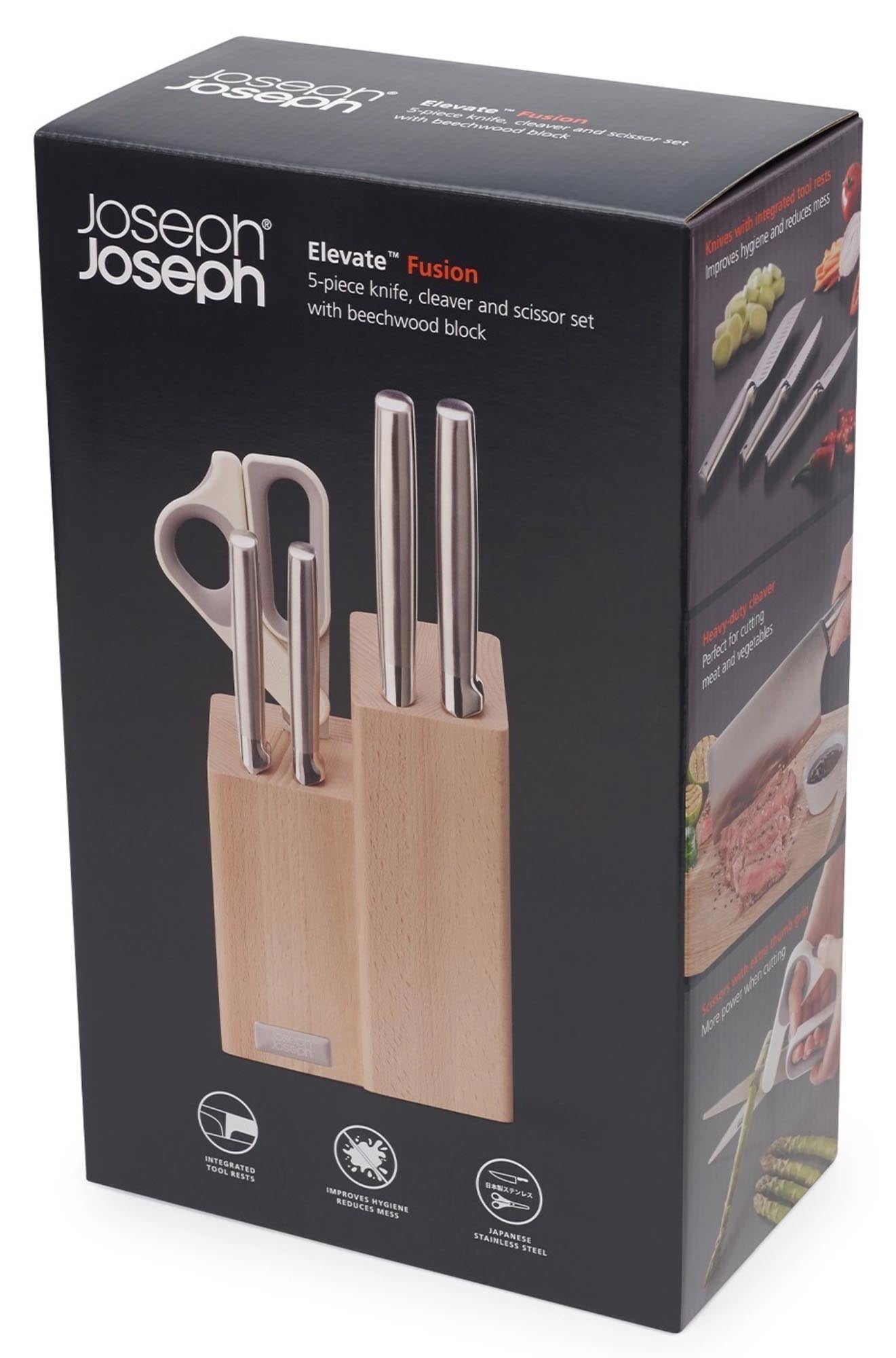 Elegantes 5-teiliges Messer-Set mit Schere, ideal für präzises Schneiden und innovative Küchenfunktionen, von Joseph Joseph.
