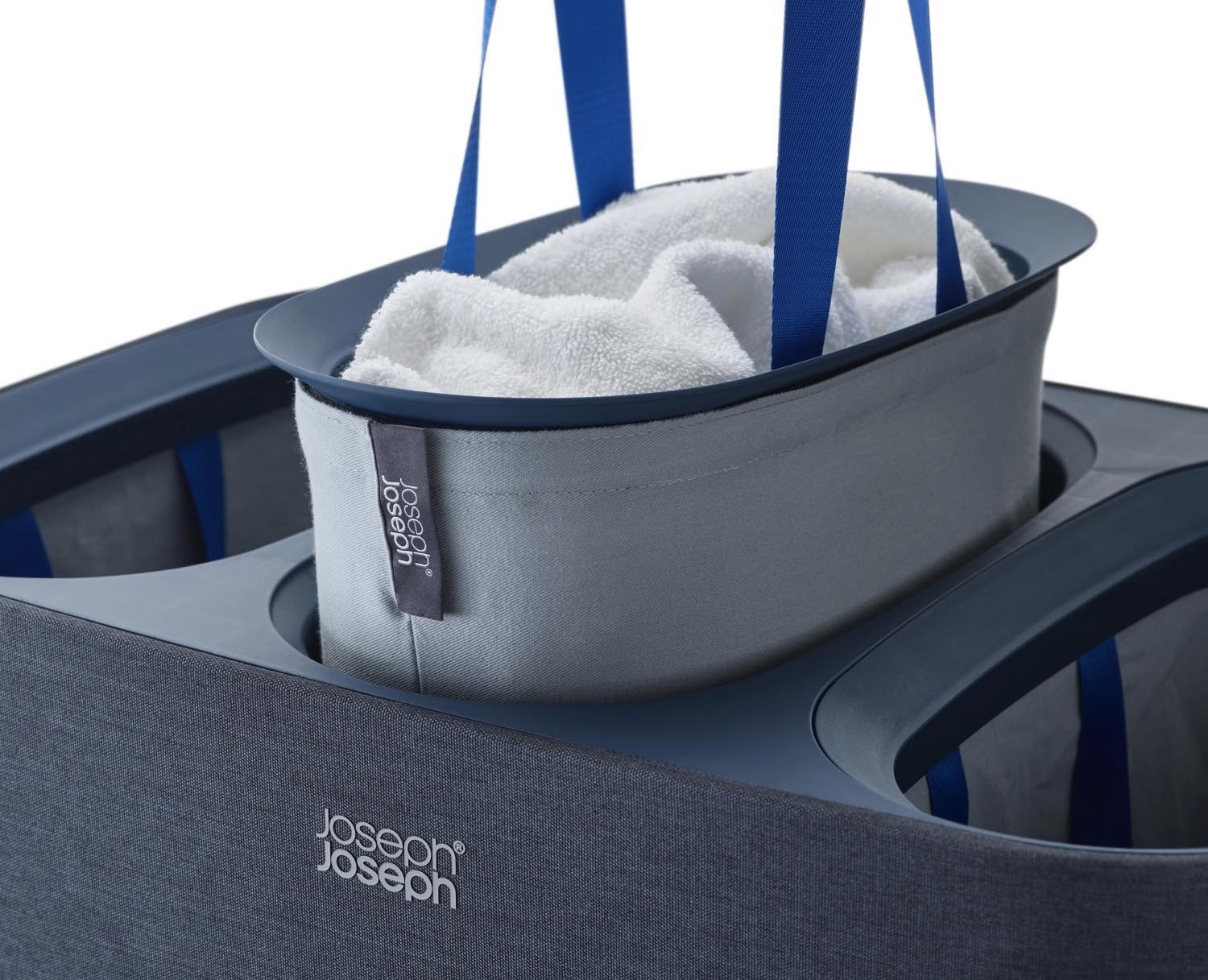 Der Tota Trio 90L Wäschekorb von Joseph Joseph in Schwarz bietet 3x30L Fächer für einfache Wäschetrennung und modernes Design.