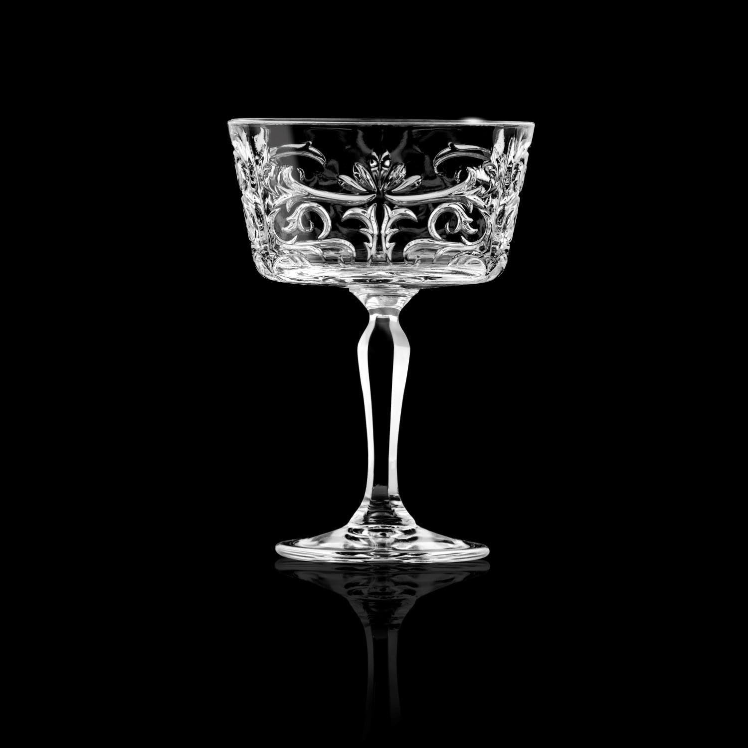 Elegantes 6er Set Champagnerkelche von RCR, 27cl, mit stilvollem Tattoo-Design, ideal für besondere Anlässe.