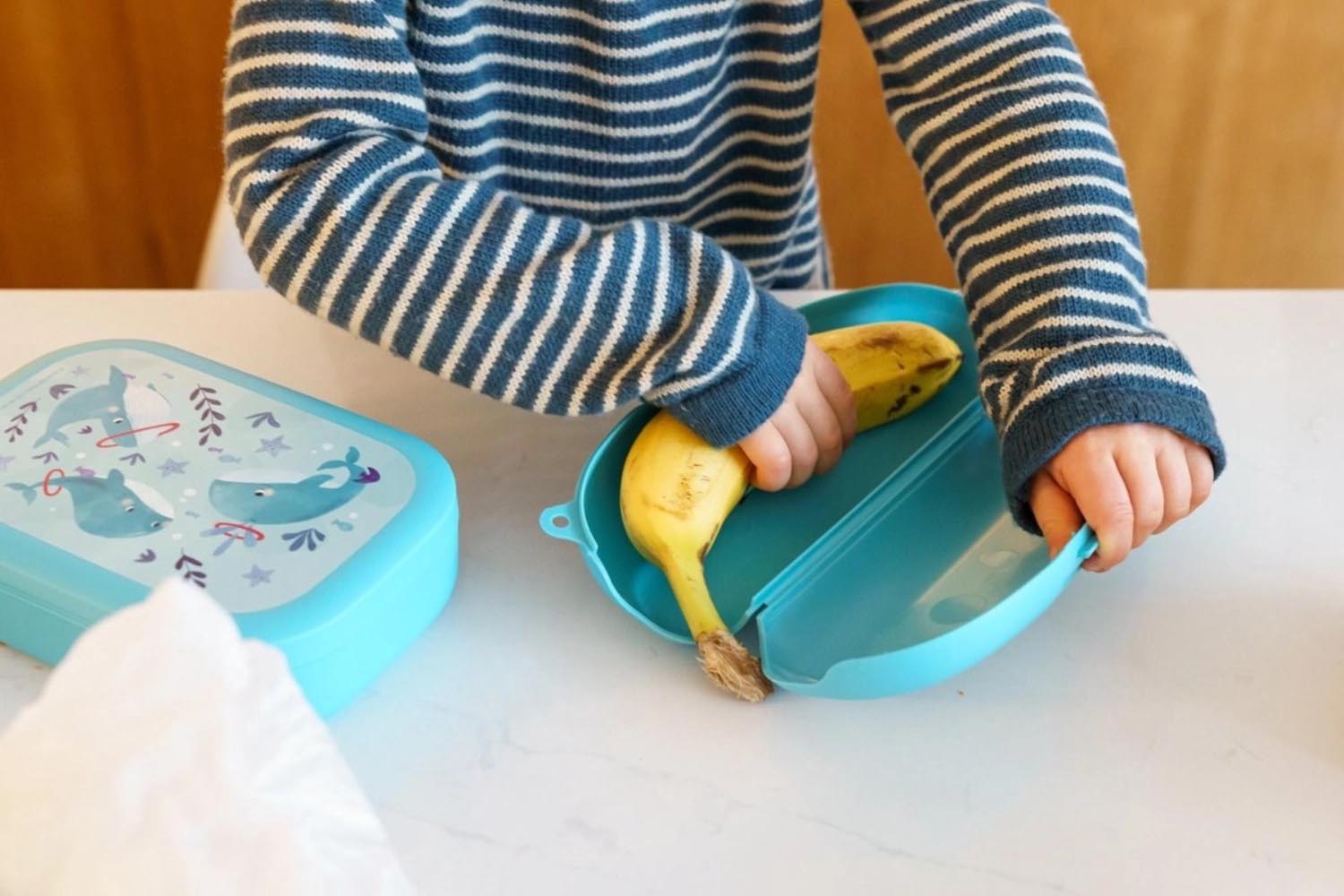 Praktische hellblaue Bananenbox in Wal-Form von Amuse, 223x90x50 mm, schützt Bananen, hält sie frisch und ist ein originelles Accessoire.