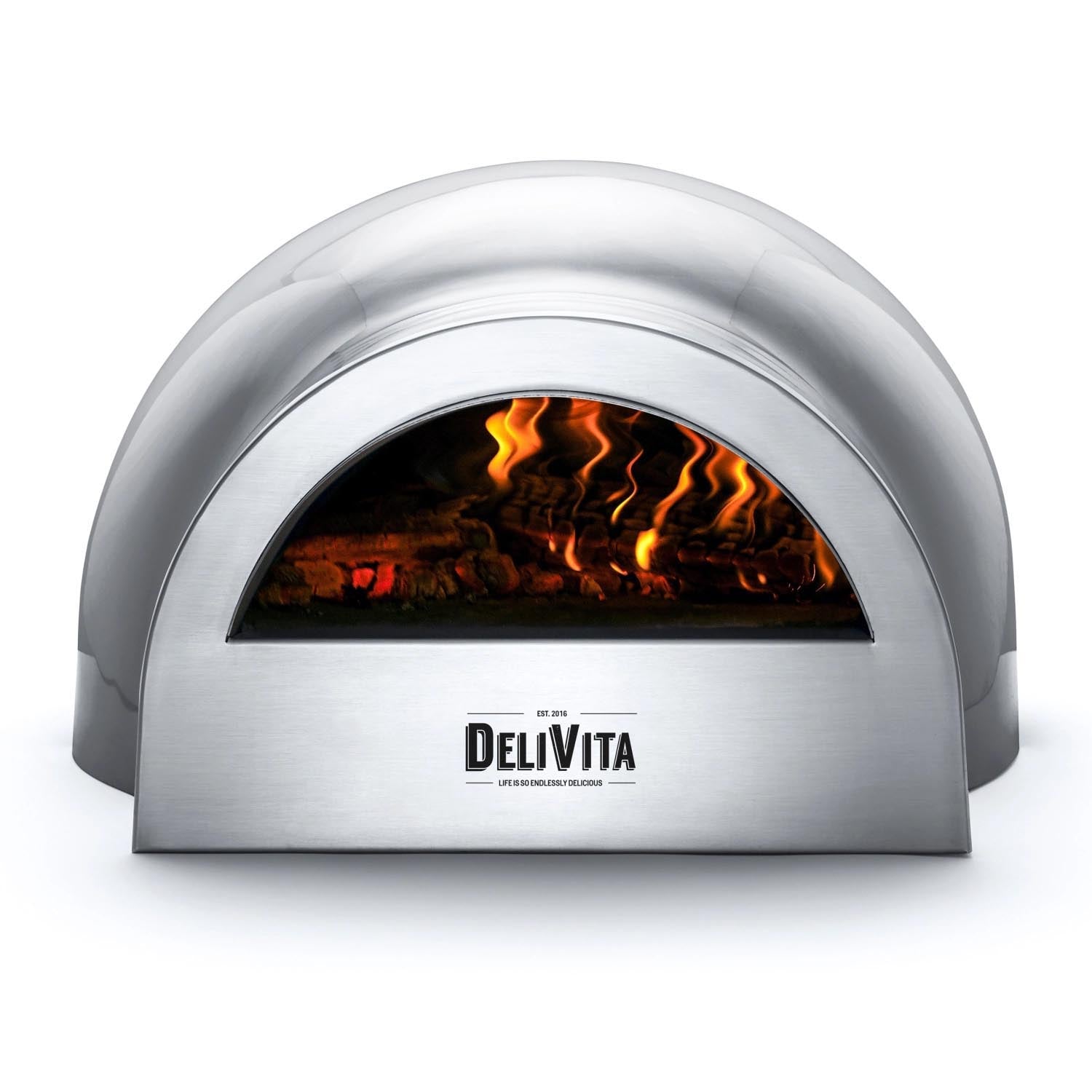 Moderner grauer Holzofen von Delivita, ideal für stilvolles Kochen im Freien. Kompakt, effizient und hochwertig.
