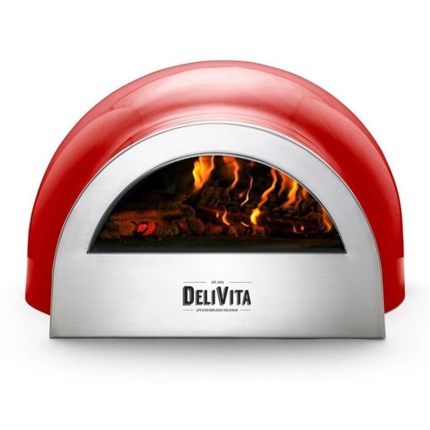 Der Delivita Ofen in Chilirot ist ein stilvoller, kompakter Holzofen, ideal für Pizza und mehr, mit modernem Design.