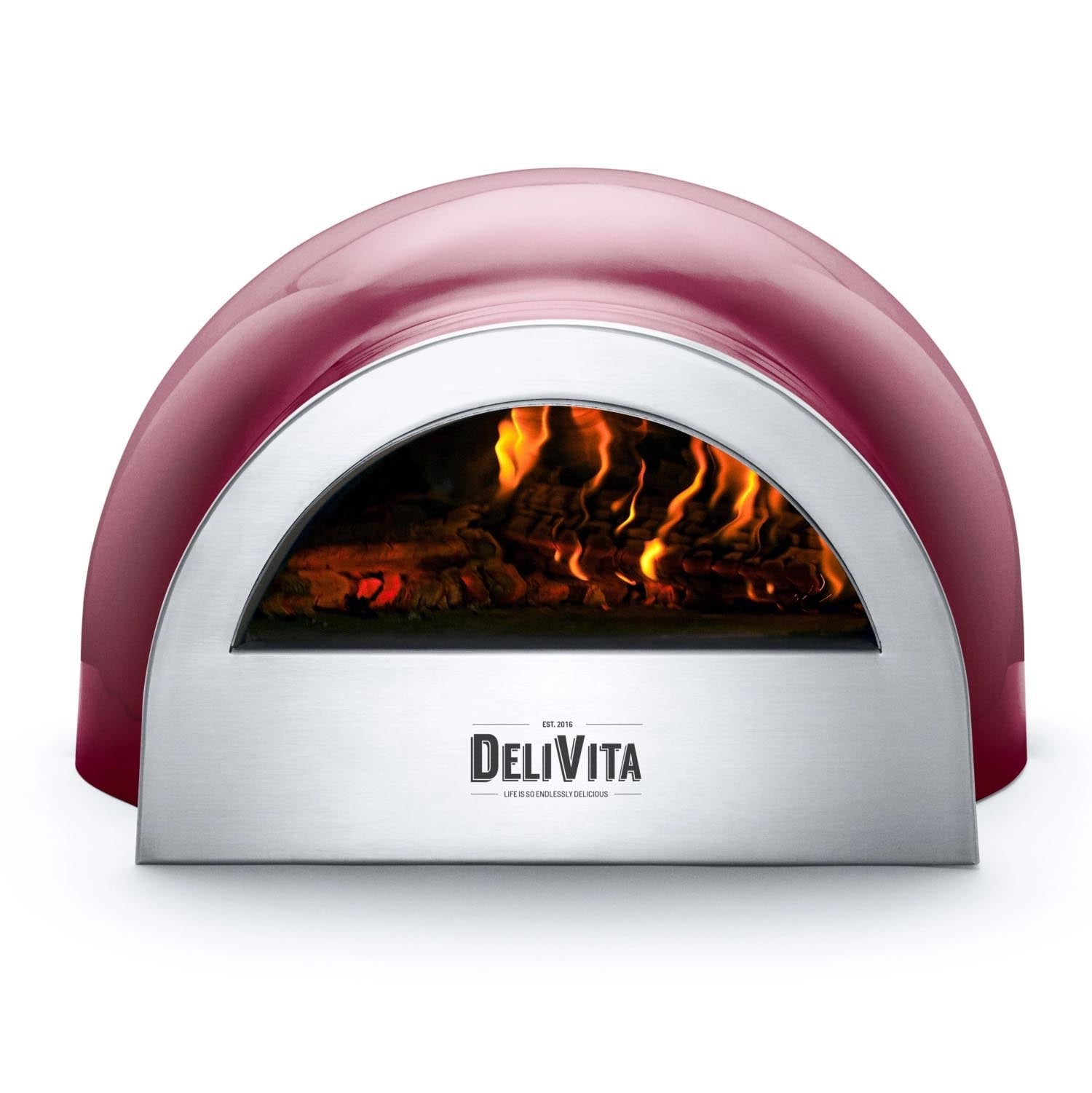 Der Delivita Ofen in Beerenrot ist ein stilvoller, kompakter Holzofen, ideal für Pizza und Brot, mit modernem Design.