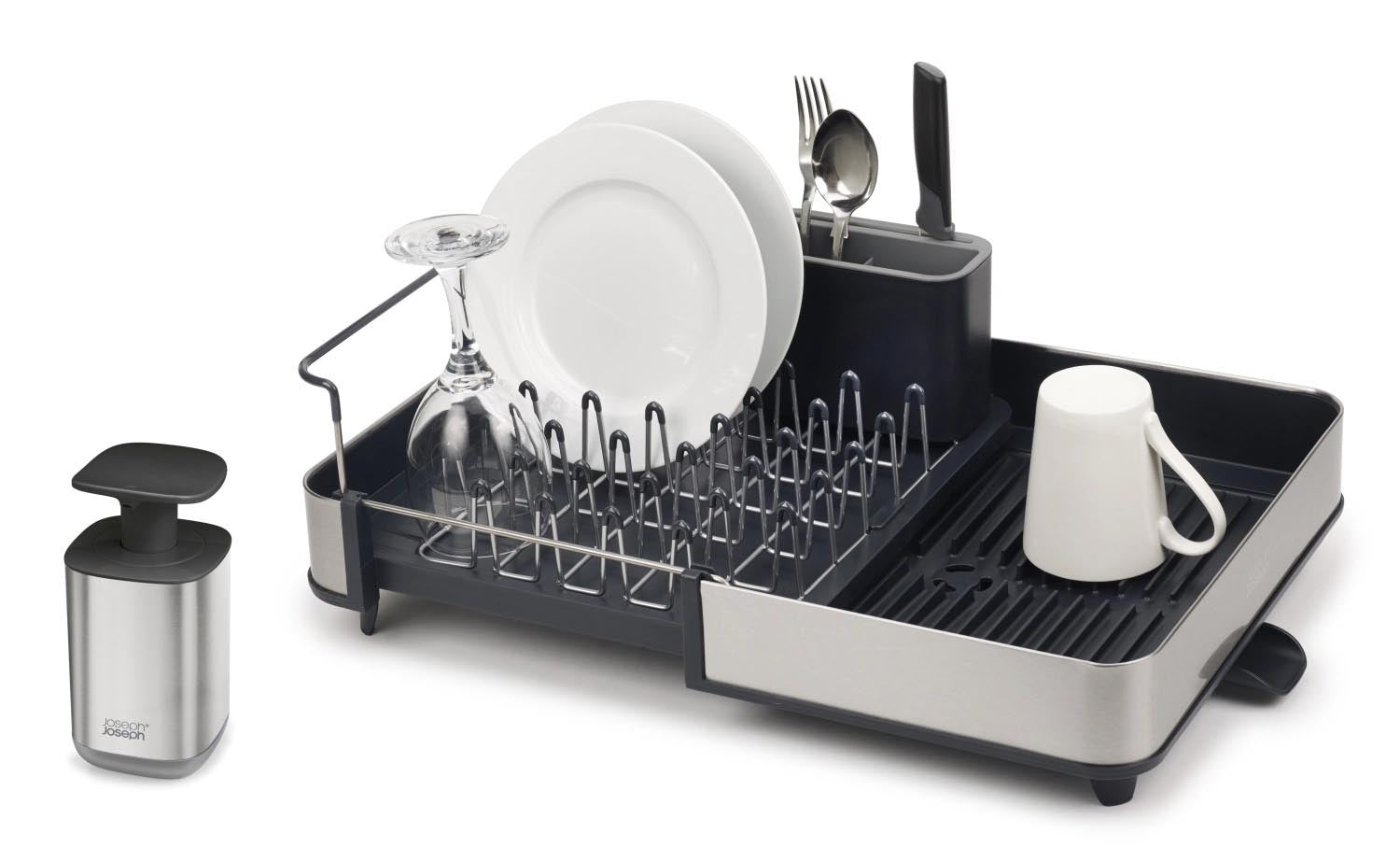 Praktisches Abwasch-Set mit Edelstahl-Abtropfgestell und Seifenspender, ideal für eine saubere und organisierte Küche.