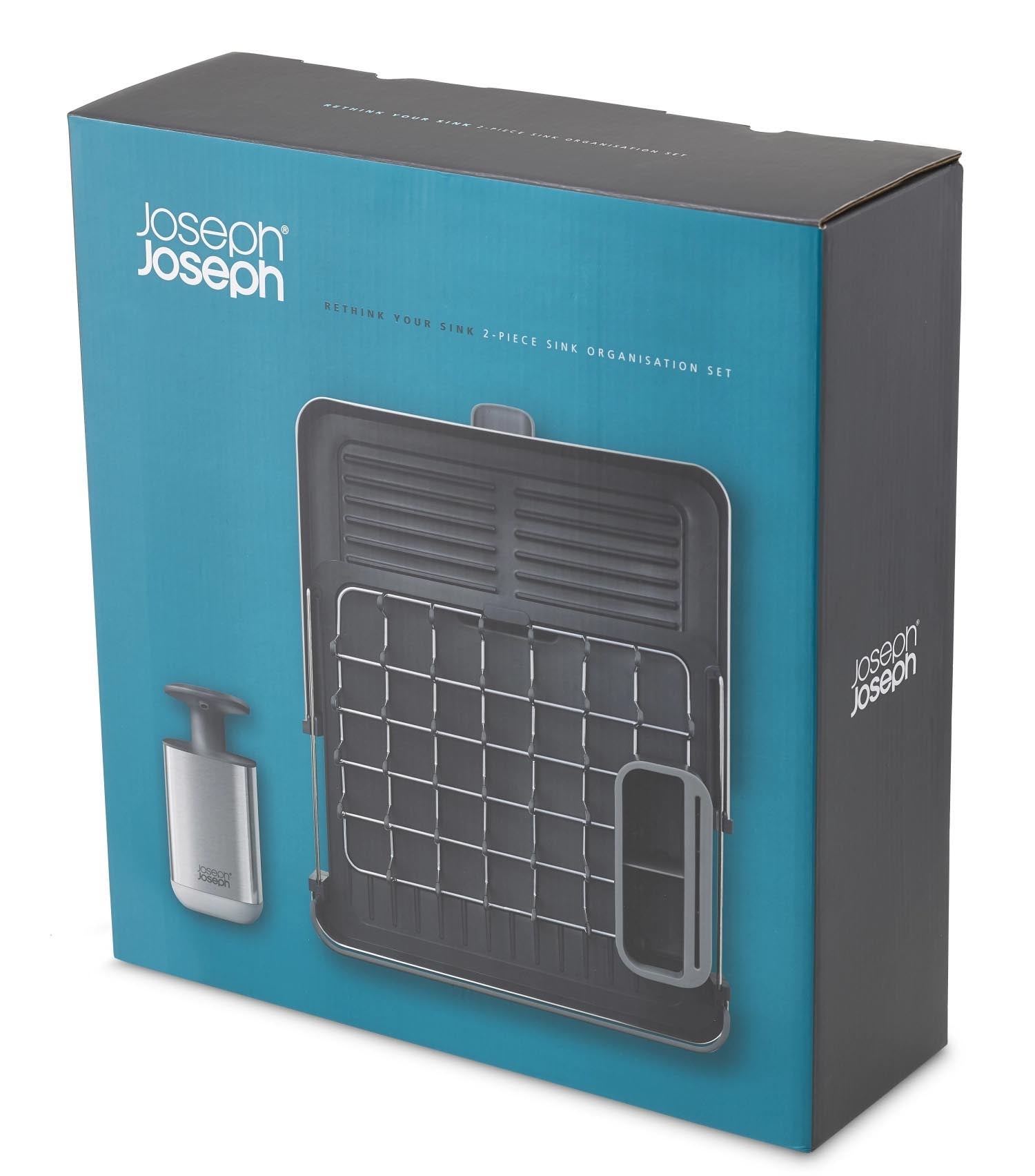 Elegantes Abwasch-Set mit Abtropfgestell aus Edelstahl und Seifenspender, perfekt für eine ordentliche und stilvolle Küche.