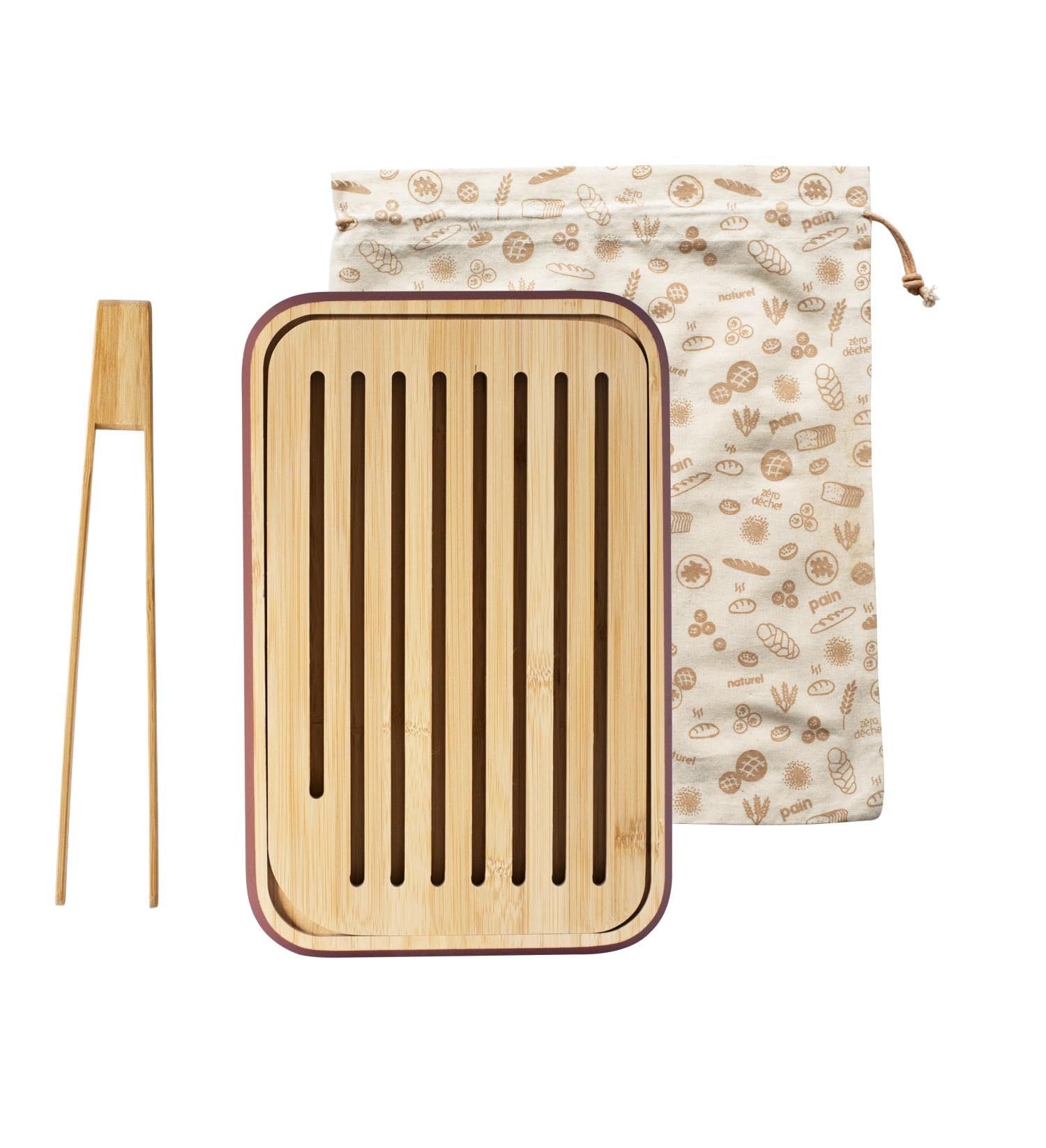 Praktisches 3er Set von Pebbly: Brotbrett, Toastzange und Brotbeutel. Ideal für frisches Brot und stilvolles Servieren.