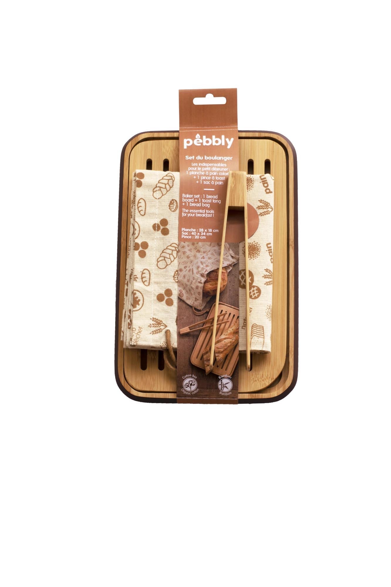 Pebbly 3er Set: Brotbrett, Toastzange, Brotbeutel. Perfekt für Brotaufbewahrung, Servieren und stilvolle Küchenorganisation.