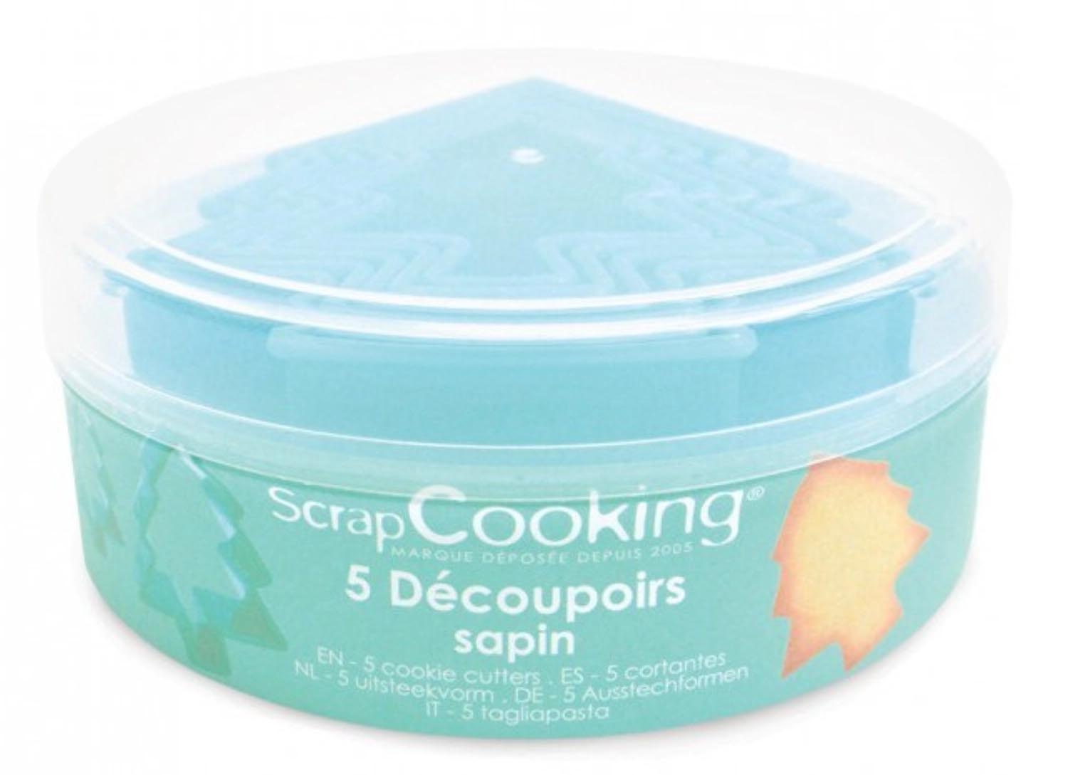 Set mit 5 Weihnachtsbaum-Ausstechern von Scrap Cooking, perfekt für kreative Weihnachtsplätzchen und festliche Backprojekte.