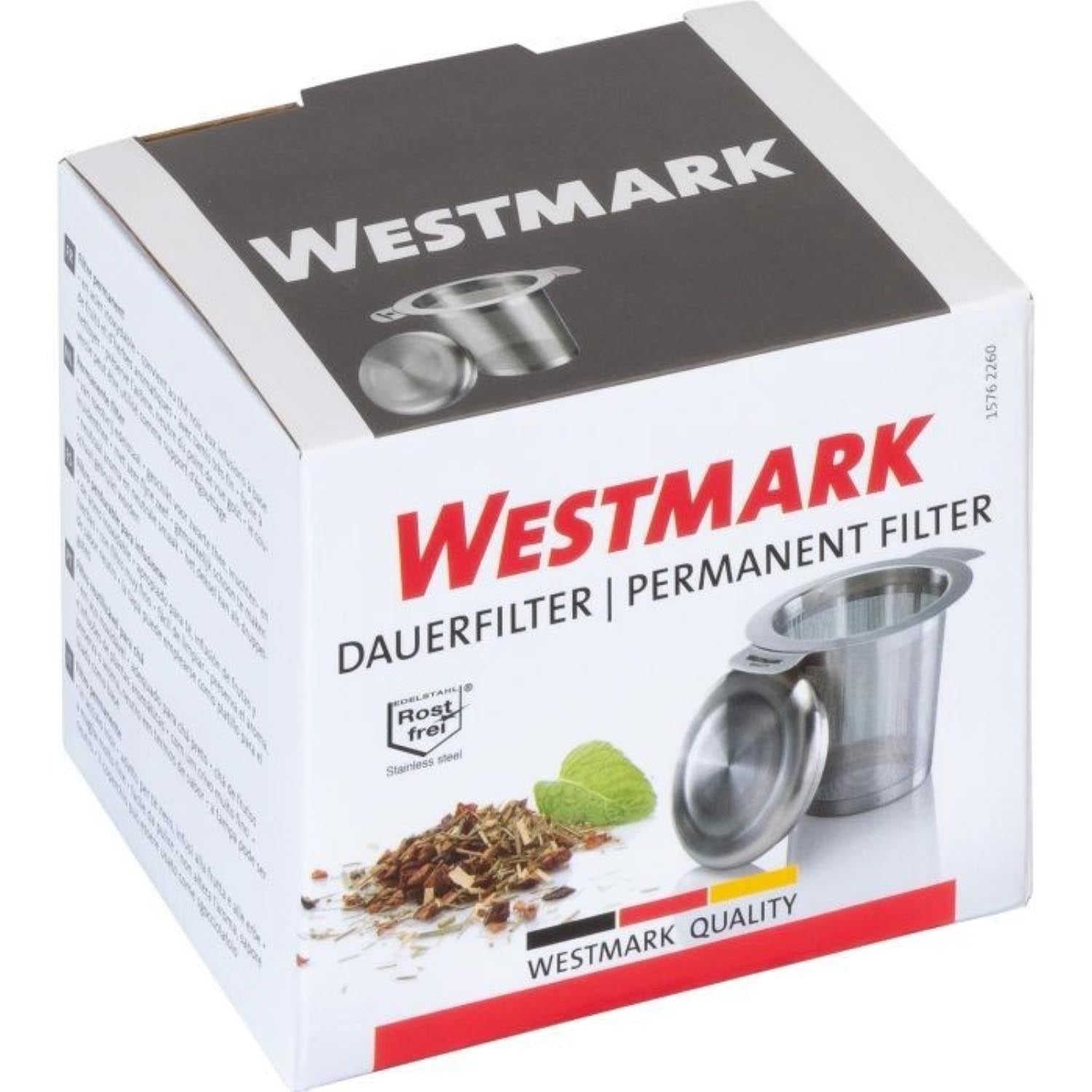 Praktischer Dauerfilter für Tee von Westmark, 75x95x75mm, mit 10cm Flügeln, ideal für losen Tee, wiederverwendbar und umweltfreundlich.