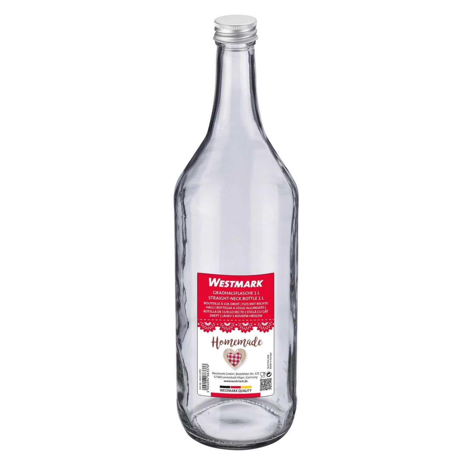 1-Liter-Flasche mit geradem Hals und 28-mm-Schraubverschluss, ideal für Getränke, robust und vielseitig einsetzbar.