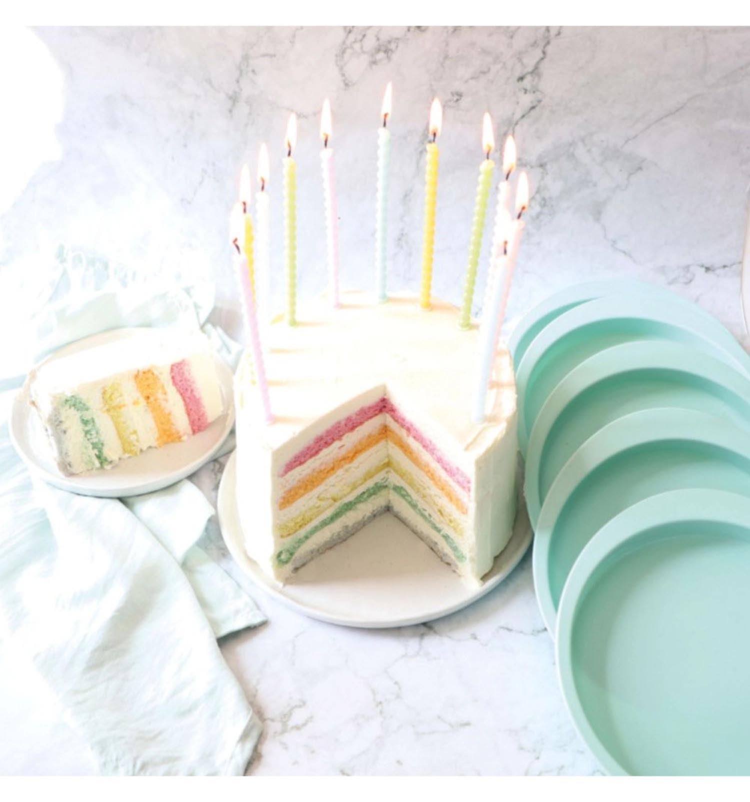 Set aus 5 Silikon-Backformen für Layer Cakes, perfekt für gleichmässige Schichten und kreative Kuchenideen in Ihrer Küche.