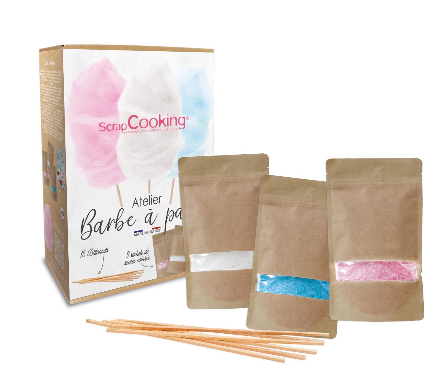 Atelier Zuckerwatte Workshop von Scrap Cooking, ideal für kreative Backprojekte. Entdecken Sie die süße Vielfalt der Backmischungen und Topper.
