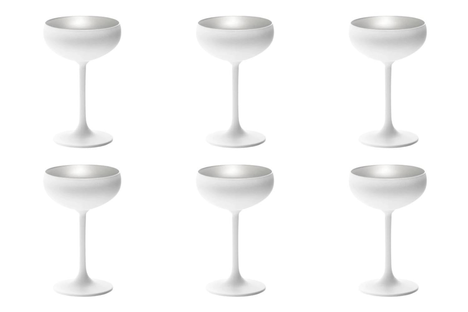 Elegantes 6er Set Sektschalen von Stölzle in Weiß mit silbernen Details, ideal für festliche Anlässe und stilvolle Tischdekoration.