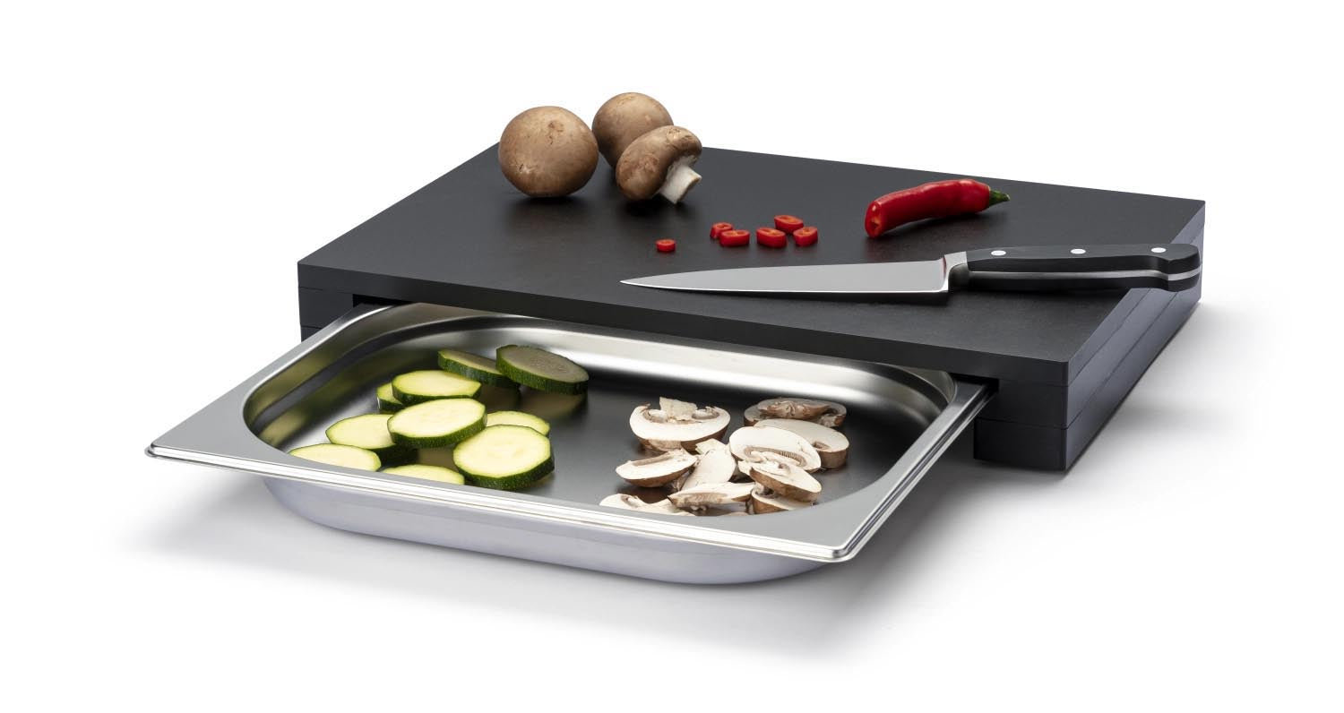 Hochwertiges Holz-Schneidebrett mit integrierter Schublade, ideal für die Küche. Masse: 39x27x5cm, Marke: Continenta, Modell Duracore.