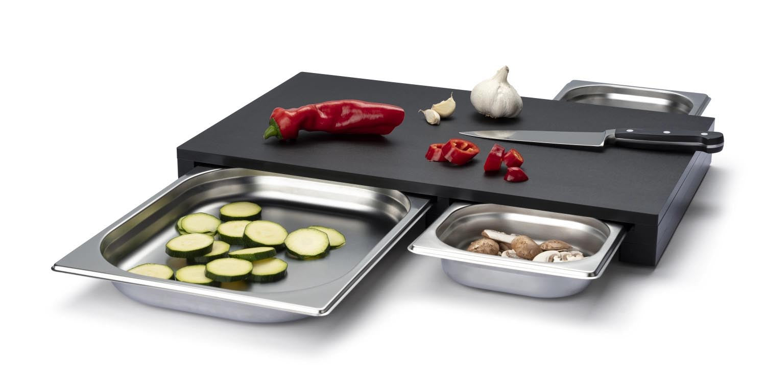 Hochwertiges Duracore-Schneidebrett von Continenta mit 3 Edelstahl-Schubladen, perfekt für die Küche, Masse: 49,5x32,5x5 cm.