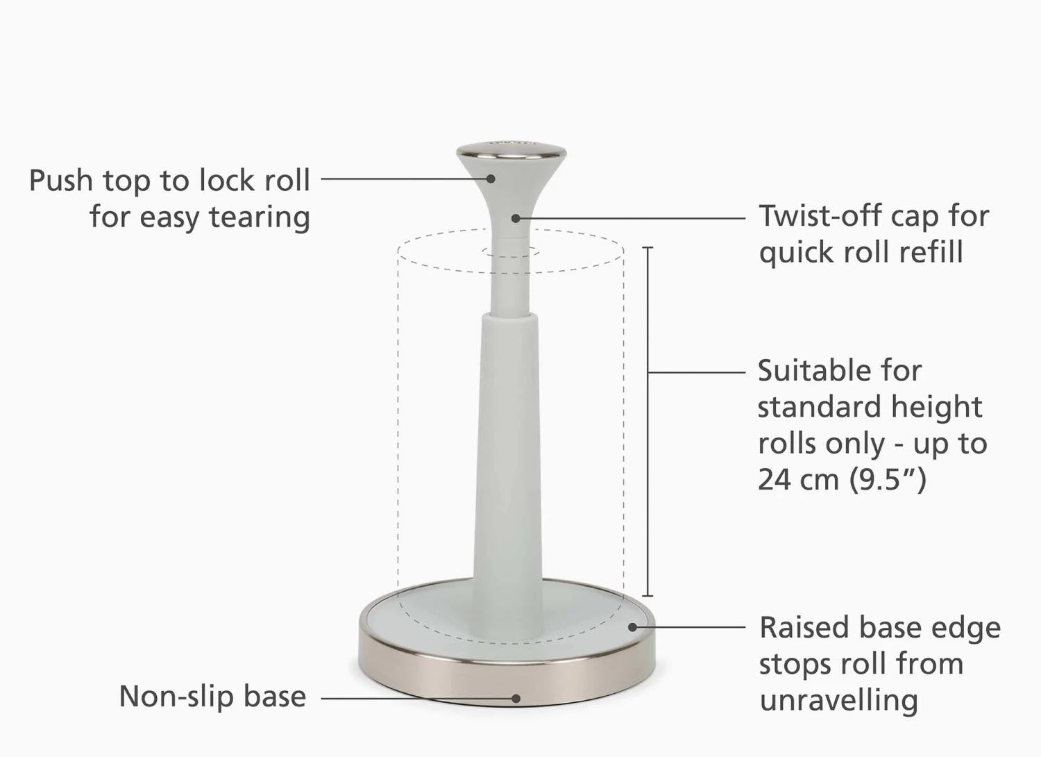 Stilvoller Joseph Joseph Papierrollenhalter in Ecru, geeignet für Rollen bis 24 cm, mit innovativer Push+Tear Funktion für einfaches Abreissen.