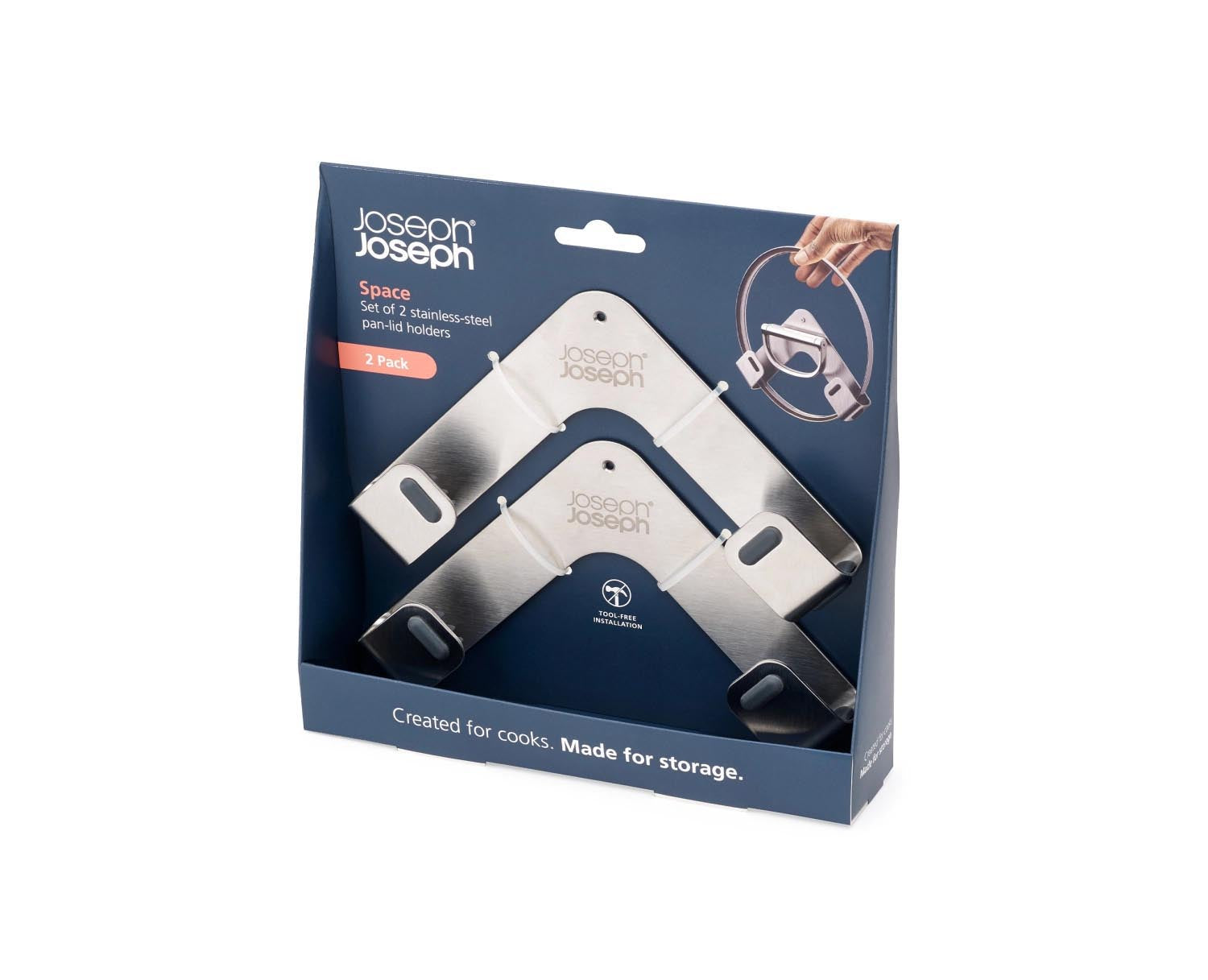 2er Pfannendeckelhalter aus Edelstahl von Joseph Joseph, perfekt für platzsparende und ordentliche Aufbewahrung in der Küche.