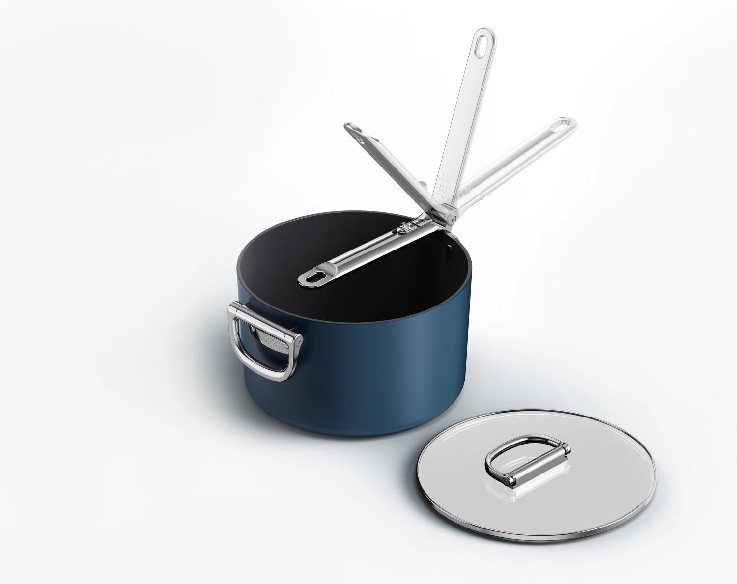 Praktische Stielkasserolle mit klappbarem Griff und Deckel, 23 cm Durchmesser, ideal für platzsparendes Kochen von Joseph Joseph.