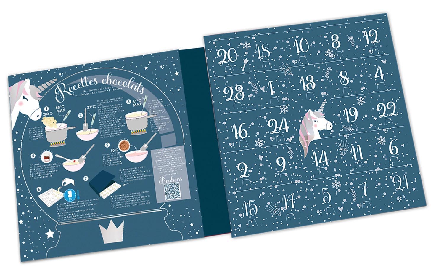 Adventskalender mit Einhorn-Schokogiessformen von Scrap Cooking – kreativer Schokoladenspass für die Adventszeit.