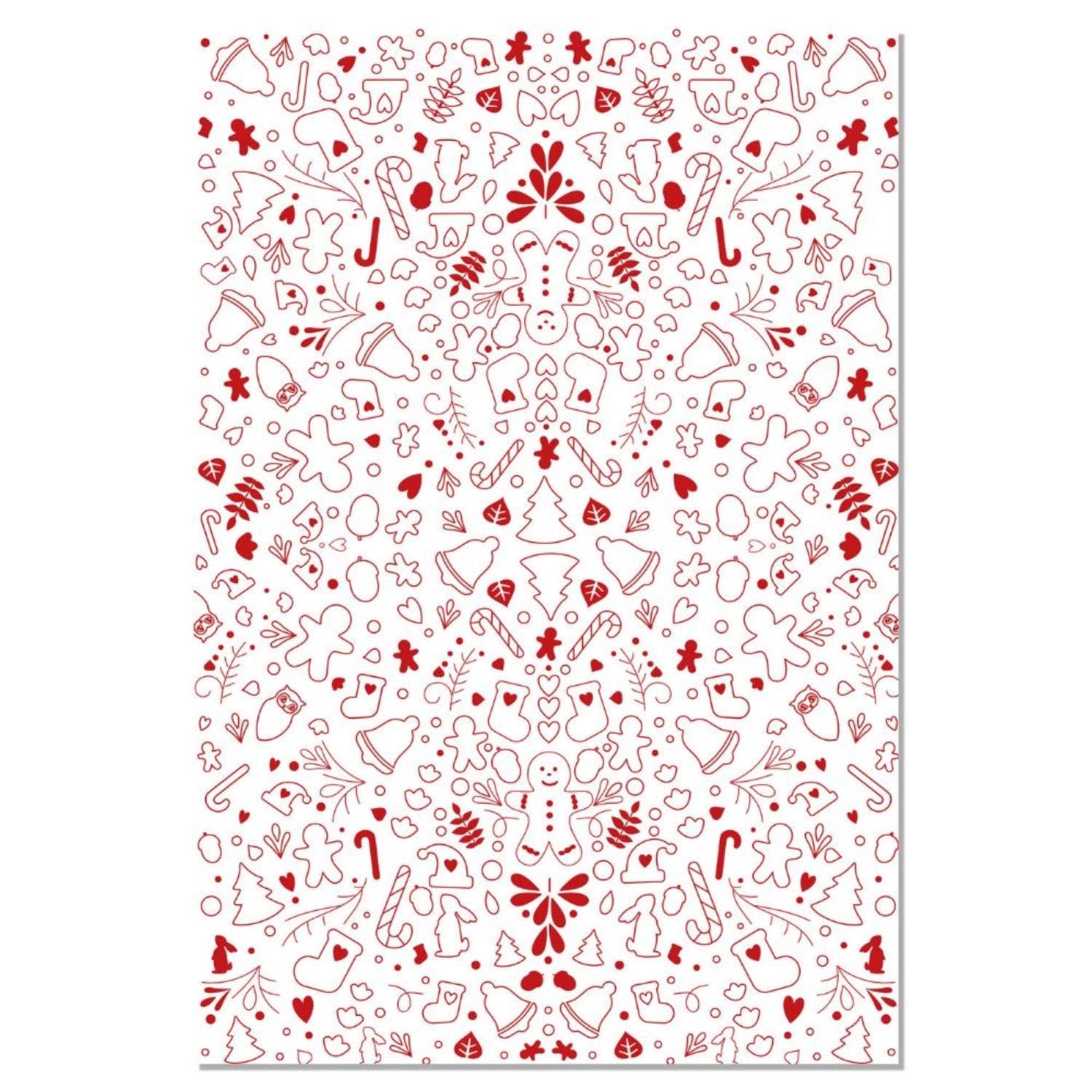 Zwei festliche Transferbögen in Rot mit weihnachtlichen Designs, ideal für die kreative Verzierung von Schokoladensüßigkeiten und Backwaren.