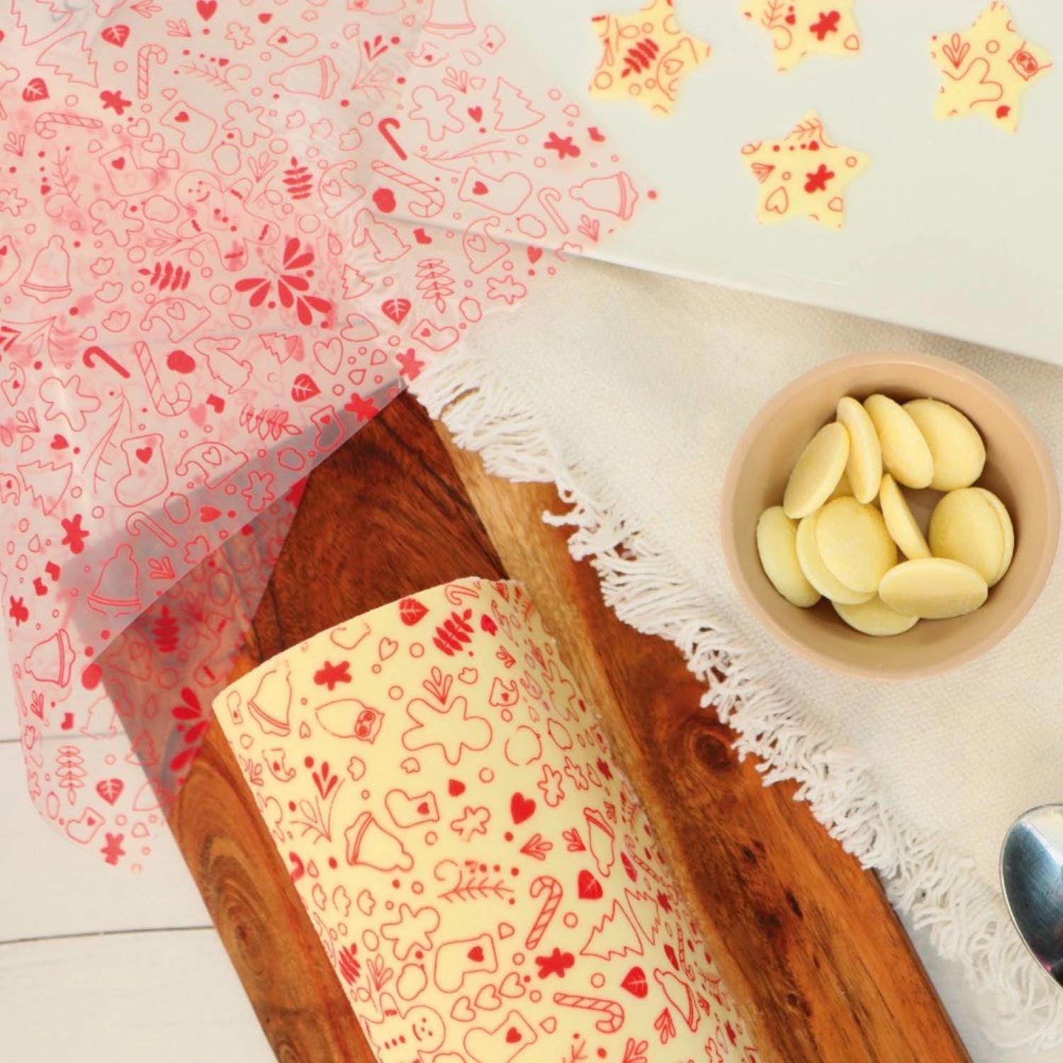 2 Transferbögen mit roten Weihnachtsmotiven, perfekt für kreative Schokoladendekorationen, von Scrap Cooking.