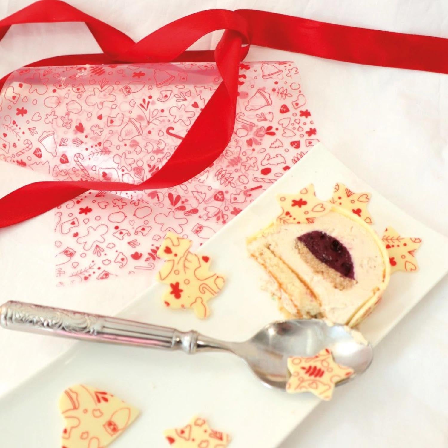 Set aus 2 Transferbögen mit roten Weihnachtsmotiven, ideal für festliche Schokoladendekorationen, von Scrap Cooking.