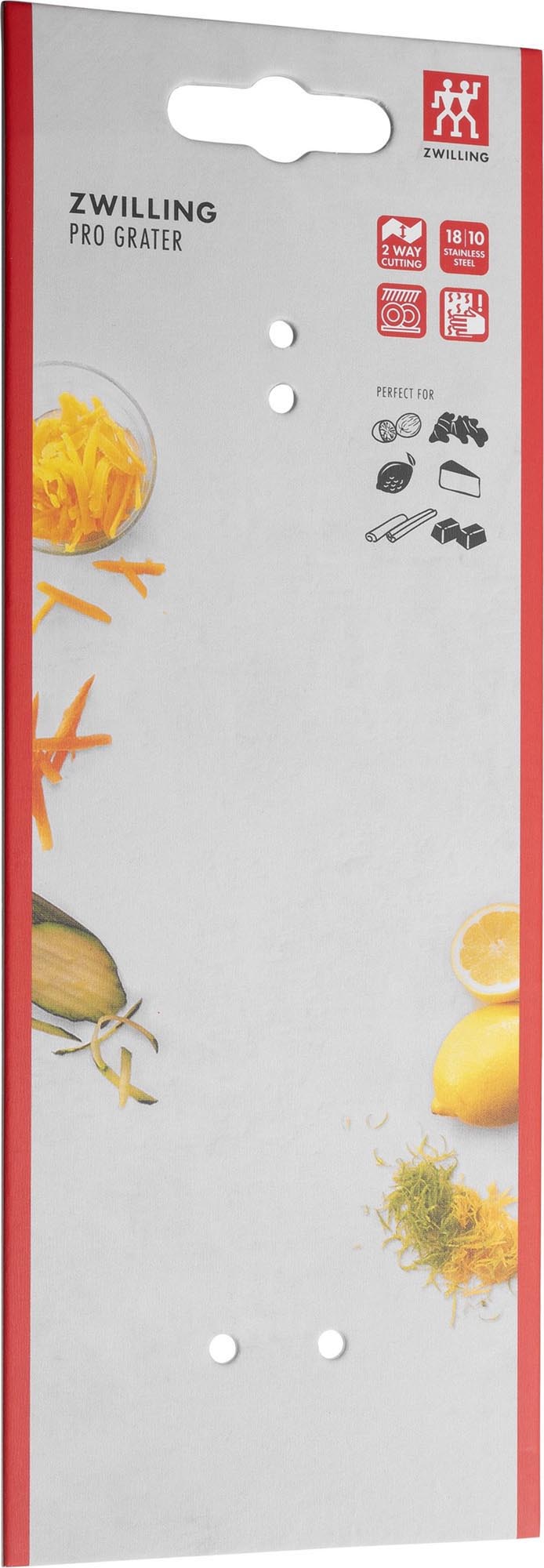 Die Zwilling Pro Zester-Reibe 38cm ist ideal für präzises Reiben von Zitrusfrüchten, Käse und Gewürzen, perfekt für Ihre Küche.