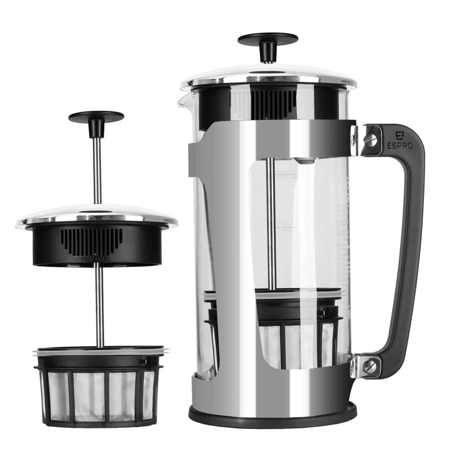 Elegante Espro P5 French Press, 946ml, glänzender Kunststoff, für aromatischen Kaffee mit doppeltem Filtersystem.