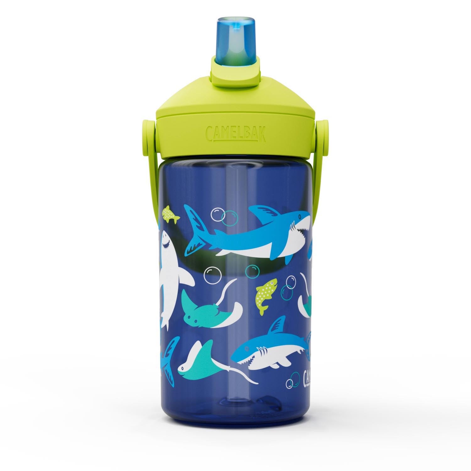 Die Camelbak Trinkflasche für Kinder mit Hai- und Rochen-Design, 0,4 l, auslaufsicher, BPA-frei, ideal für Schule und Freizeit.