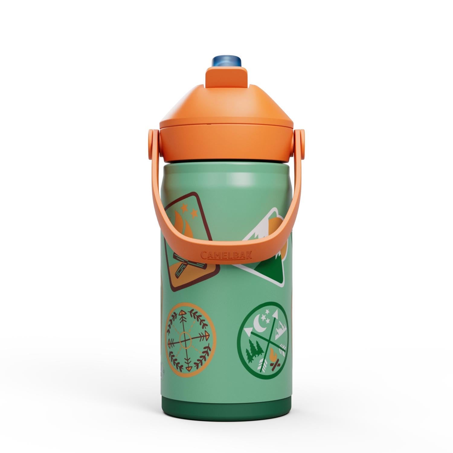Der Camelbak Thrive Flip Straw Kids VSS 0.35l mit Camp Badges Design ist eine robuste, isolierte Trinkflasche für Kinder.