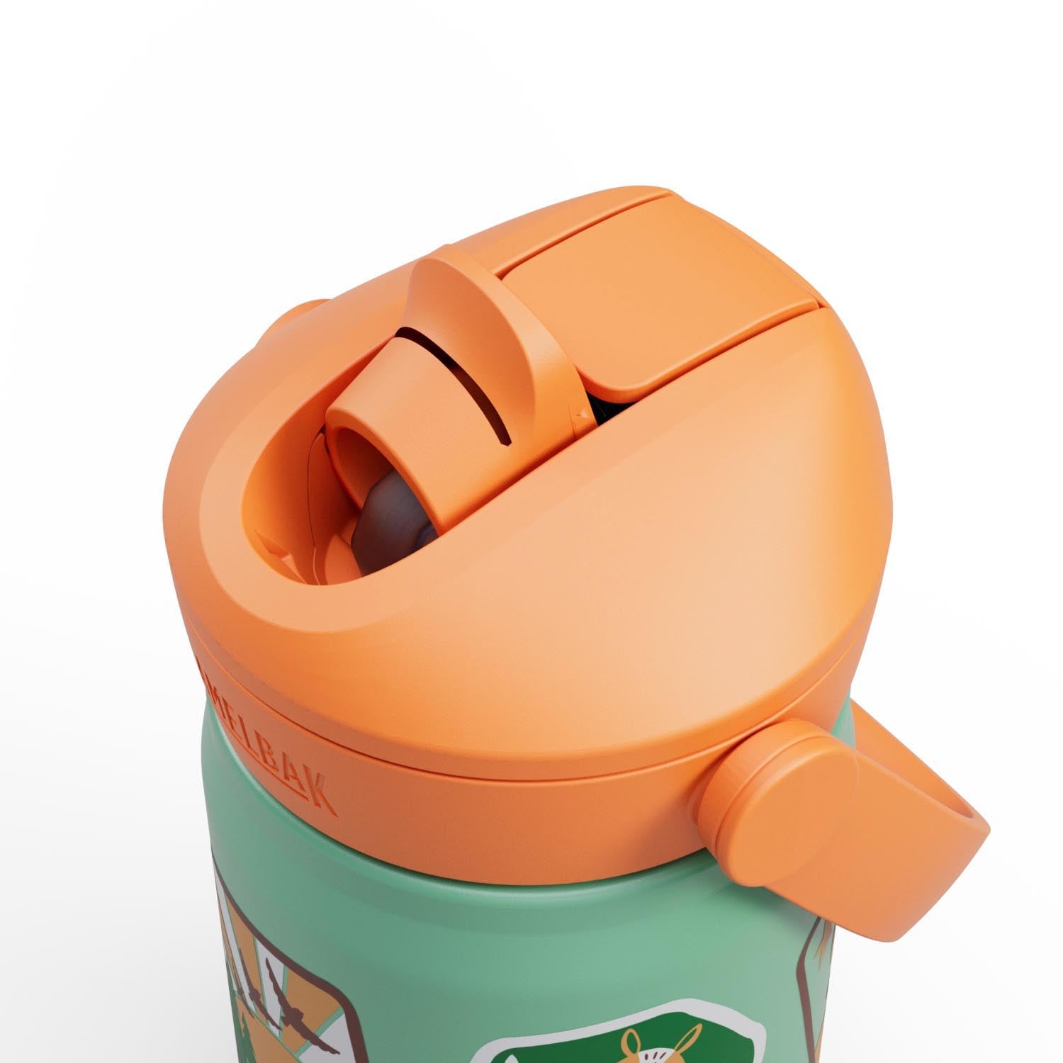 Die Camelbak Thrive Flip Straw Kids VSS 0.35l Camp Badges ist eine robuste, isolierte Kinderflasche mit praktischem Klapp-Strohhalm.