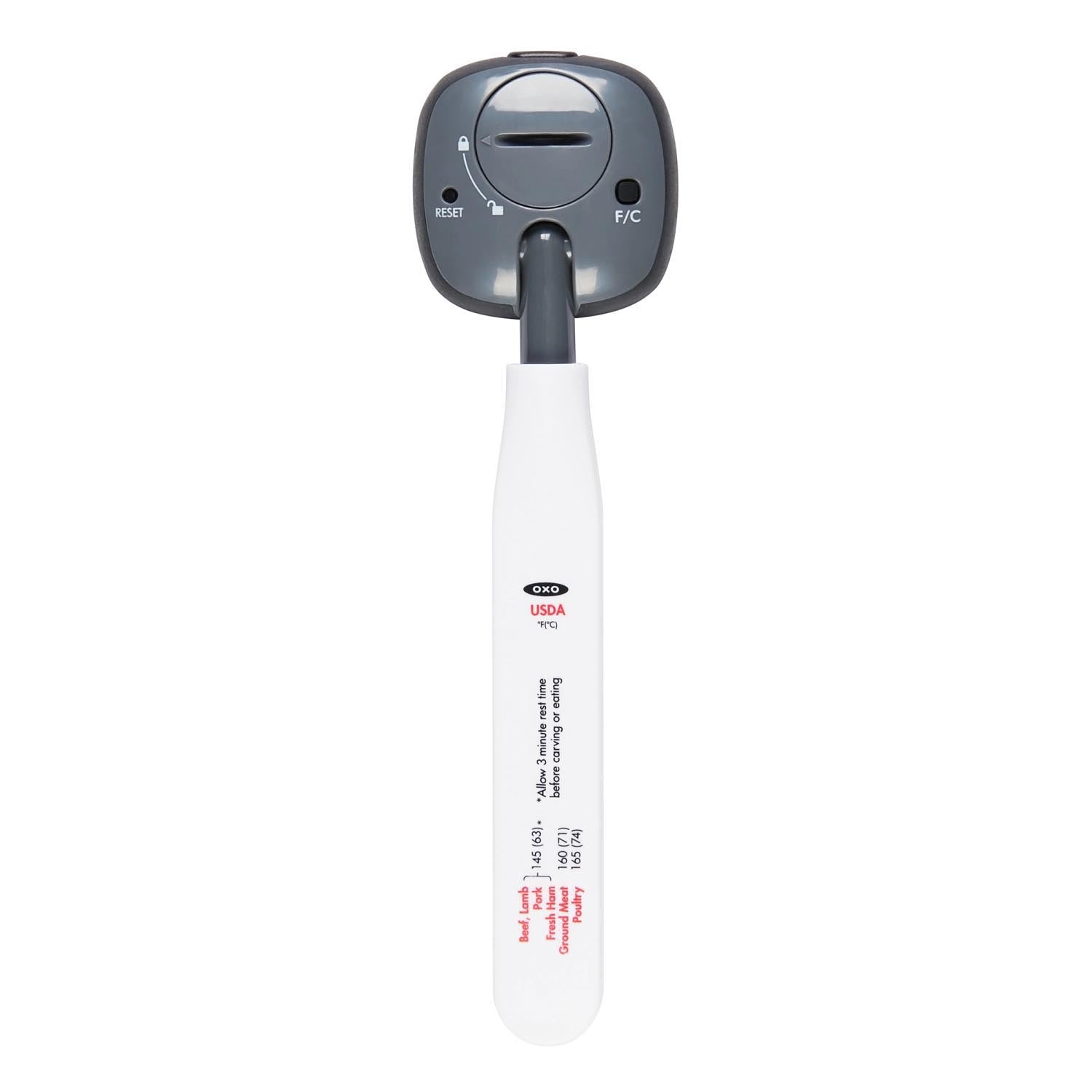 Digitales Thermometer von OXO für Grill und Ofen, misst präzise bis 90°C, ideal für perfekte Garergebnisse.