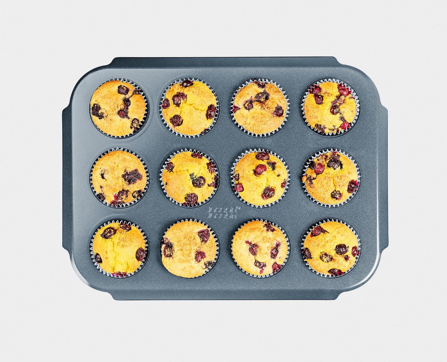 Antihaftbeschichtete Muffin-Backform von Joseph Joseph, 12 Mulden, 30x41x3cm, ideal für gleichmässiges Backen und leichte Reinigung.