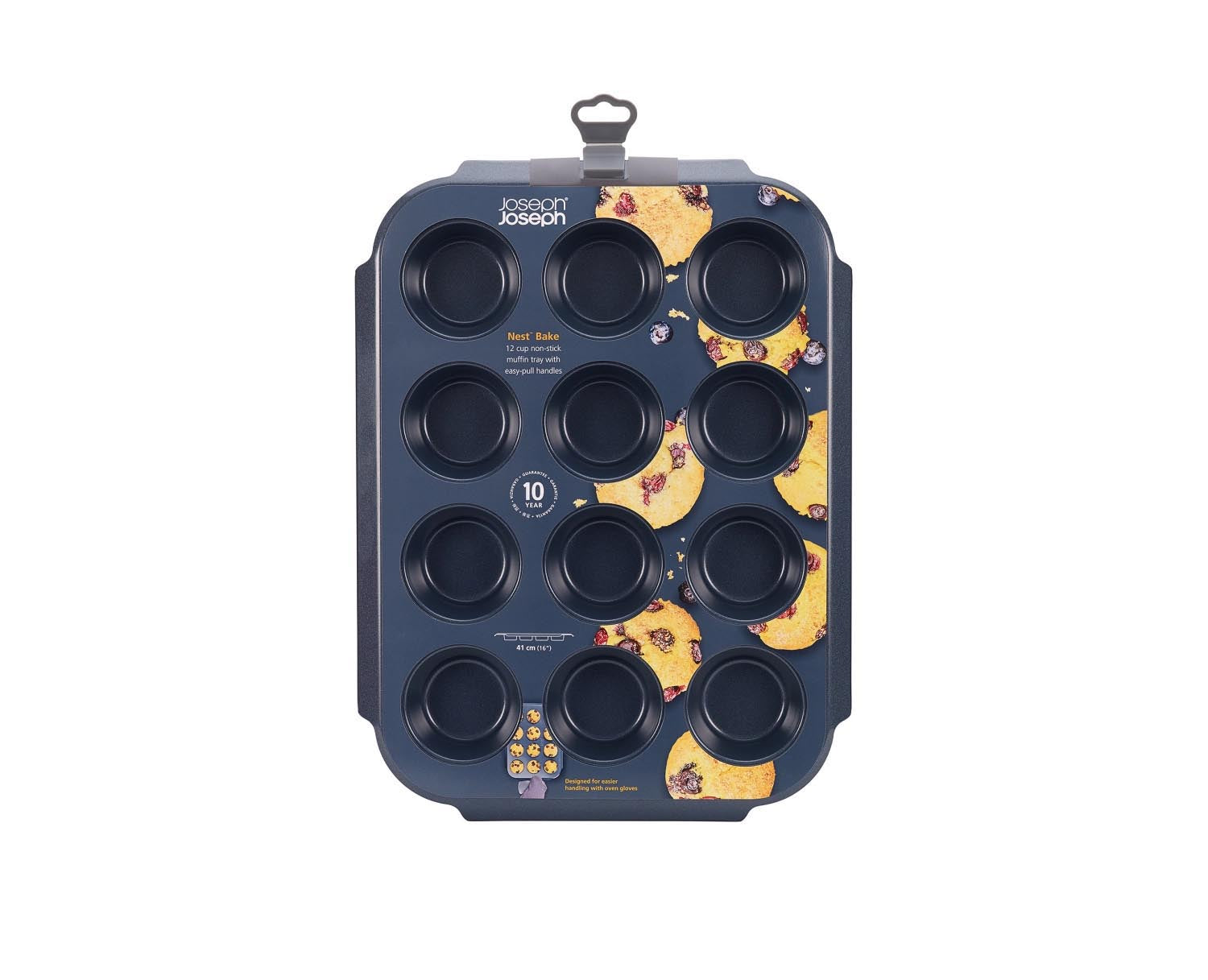 Antihaftbeschichtete Muffin-Backform von Joseph Joseph, 12 Mulden, 30x41x3cm, ideal für gleichmässiges Backen und leichte Reinigung.