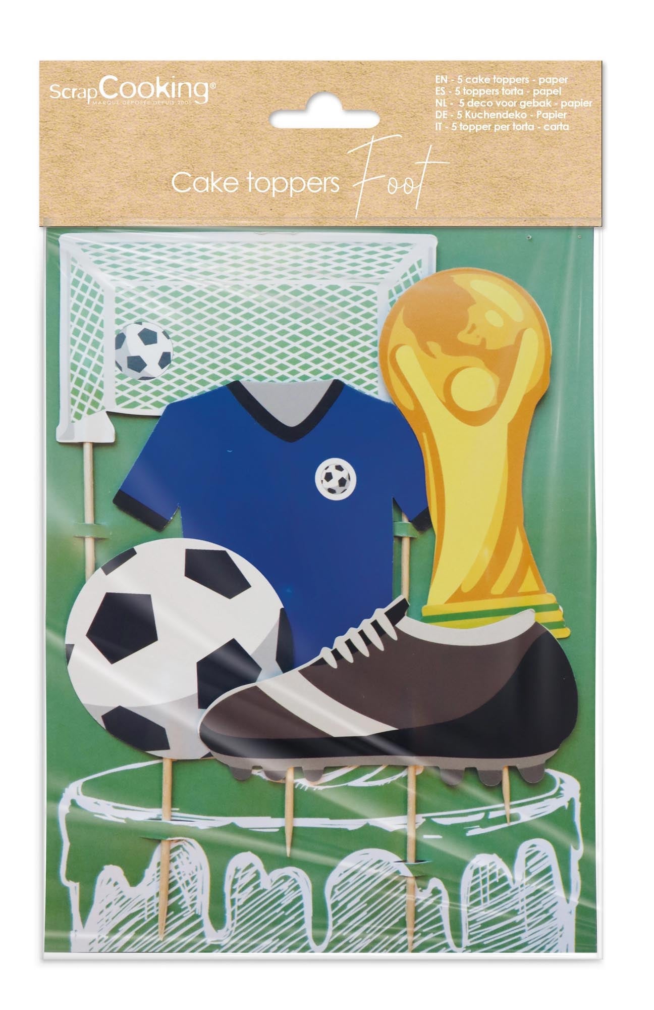 Set mit 5 Kuchendekorationen im Fussball-Design aus Papier von Scrap Cooking, ideal für Fussballfans und kreative Backideen.