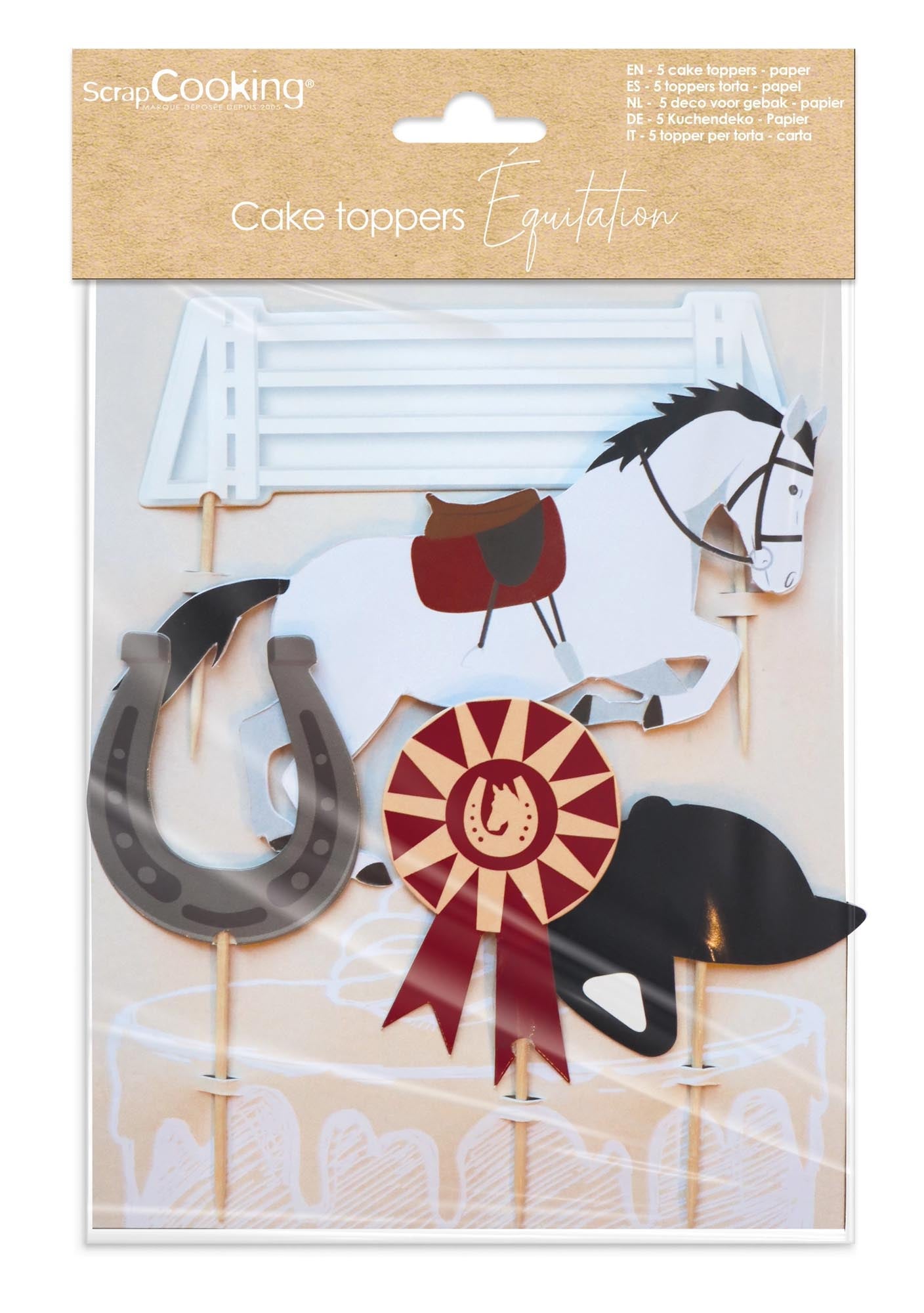 Ein 5er Set Kuchendekorationen mit Reitmotiven aus Papier von Scrap Cooking, ideal für kreative Tortendekorationen.