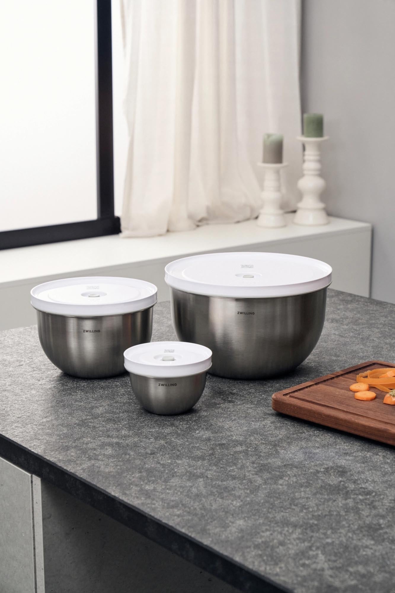 6-teiliges Edelstahl-Vakuumschüssel-Set von Zwilling, ideal für frische Lebensmittelaufbewahrung und stilvolle Küchenorganisation.