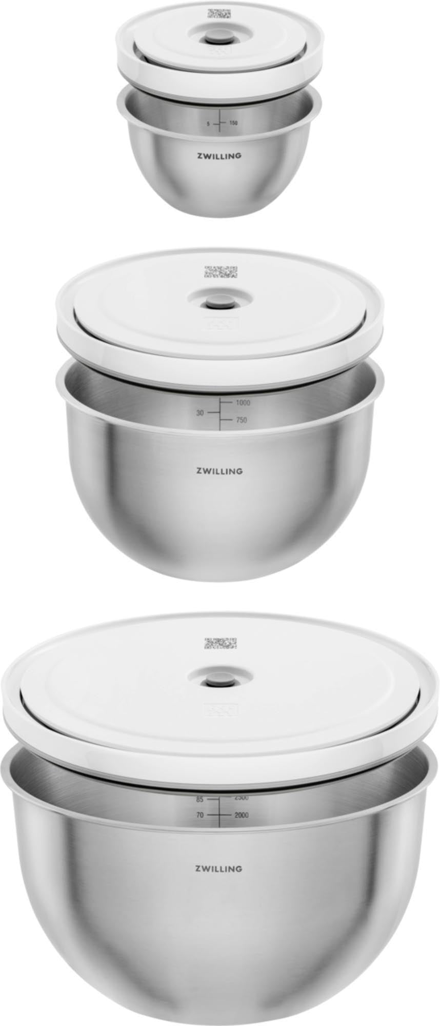 Elegantes 6-teiliges Vakuumschüssel-Set aus Edelstahl von Zwilling, ideal für frische und luftdichte Lebensmittelaufbewahrung.