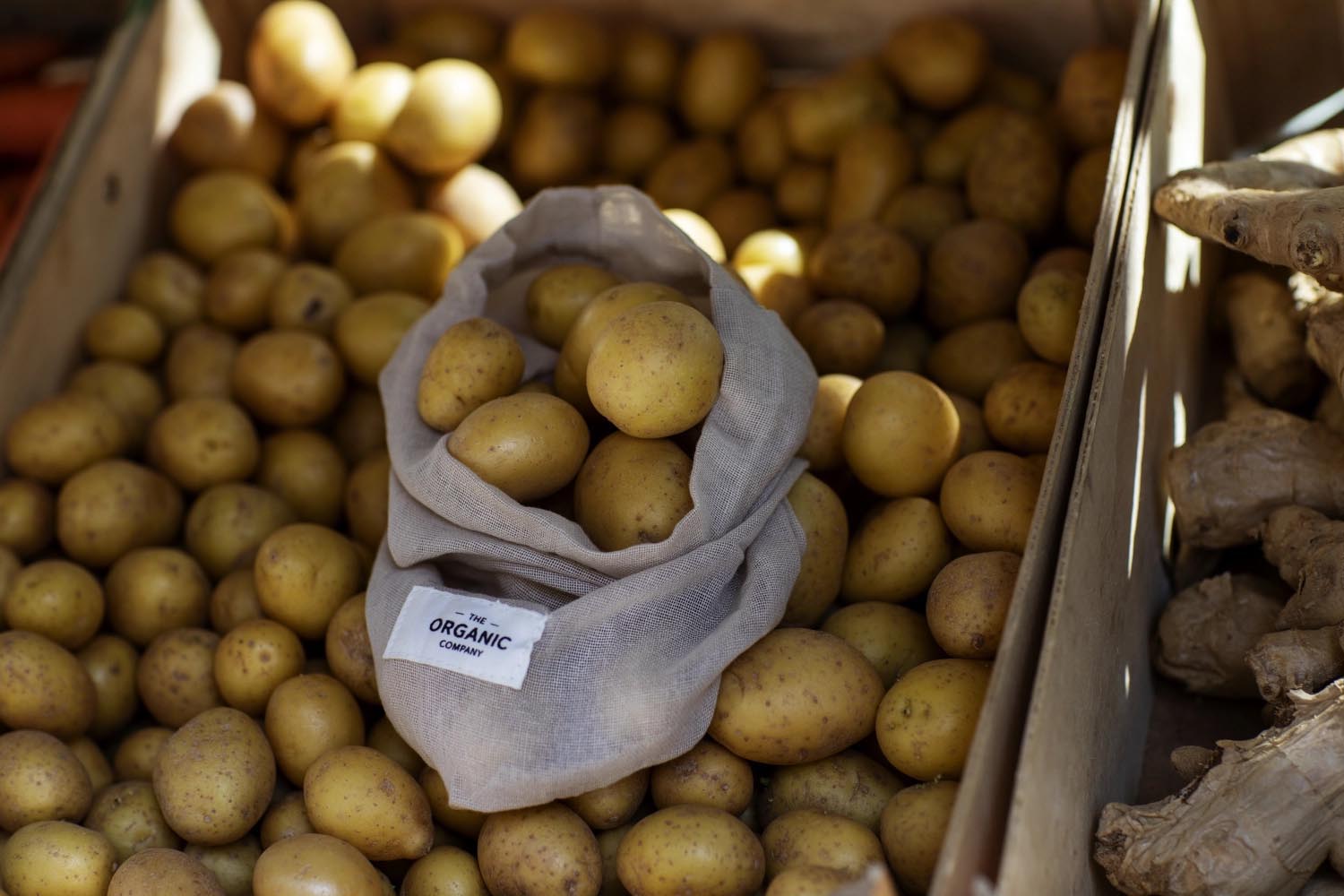 Nachhaltige 3er Set Food Bags aus Biobaumwolle in Stone von The Organic Company, ideal für umweltfreundliche Aufbewahrung.