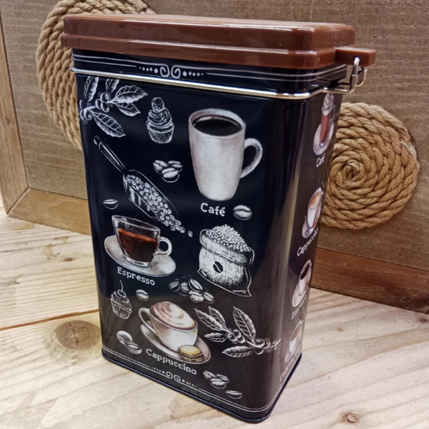Elegante Kaffeedose aus Blech, 13x8x21cm, von Easy Life. Ideal für Kaffeeliebhaber, um Bohnen oder Pulver stilvoll aufzubewahren.
