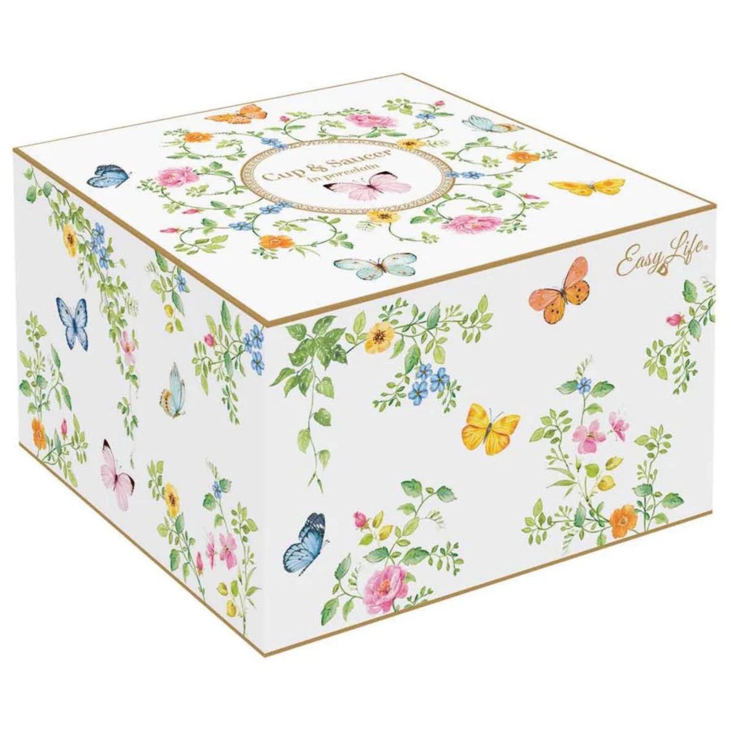 Elegante Porzellantasse mit Untertasse, 240ml, verziert mit tanzenden Schmetterlingen. Perfekt für Tee oder Kaffee, von Easy Life.