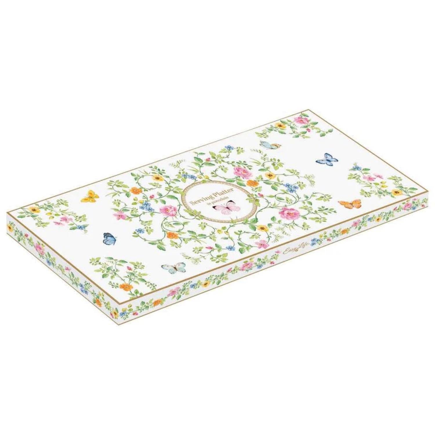 Elegante Servierplatte aus Porzellan, 36x14.5cm, mit zauberhaftem Schmetterlingsdesign, ideal für stilvolles Servieren.