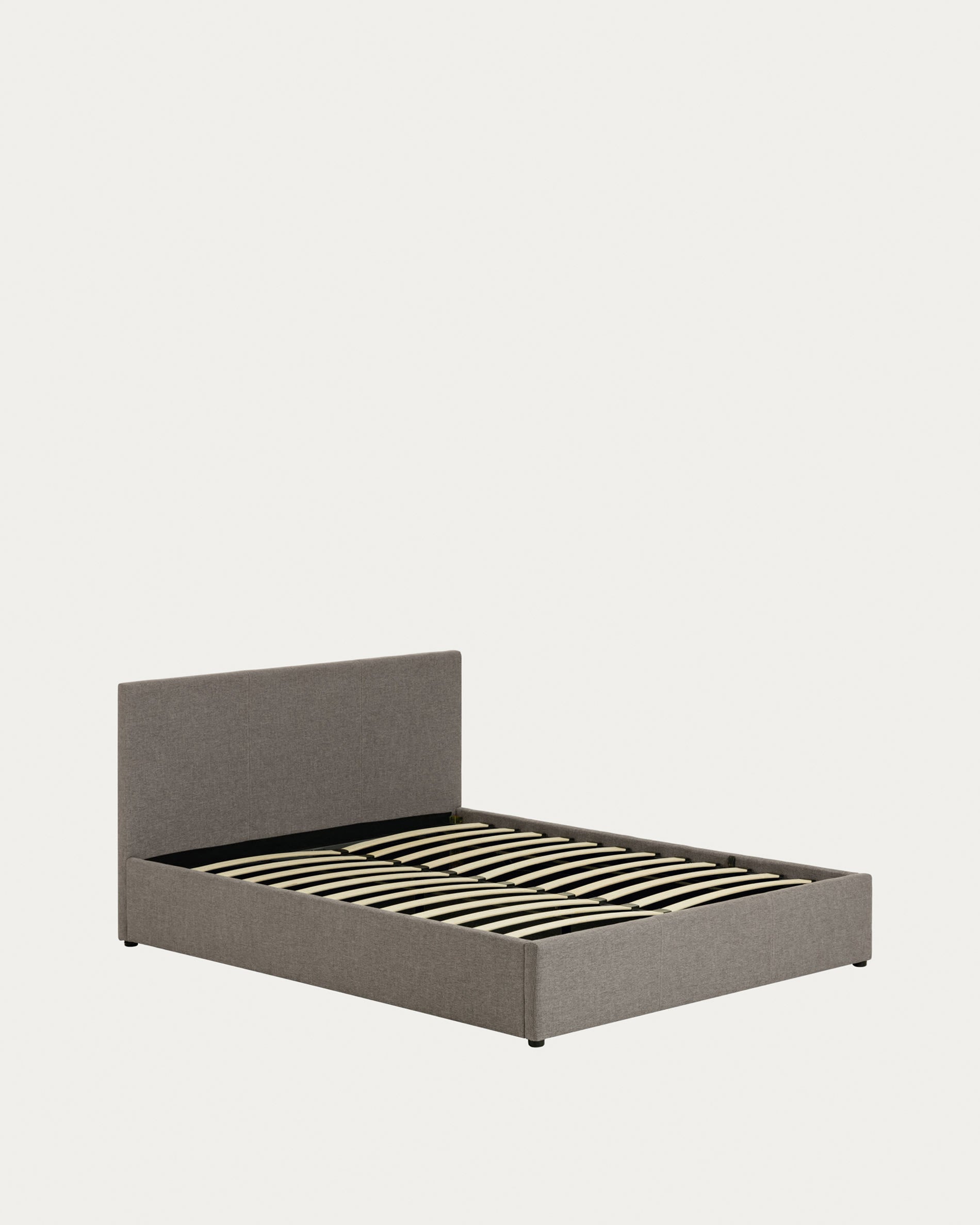 Modernes graues Nahiri Bett mit Stauraum, passend für 150x200 cm Matratzen, ideal für stilvolle und funktionale Schlafzimmer.