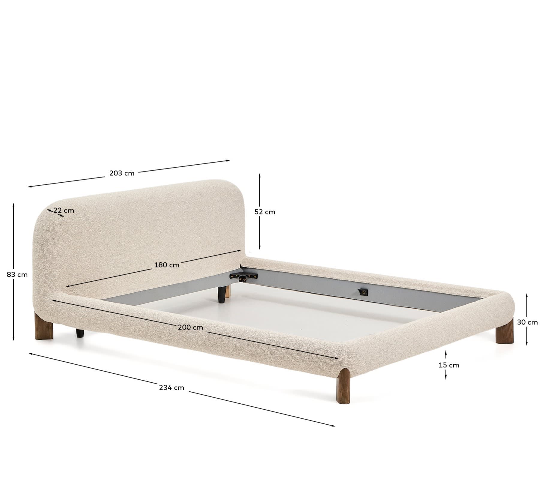 Entdecken Sie das stilvolle Bett Odina von Kave Home: Ecrufarbener Boucléstoff, abnehmbarer Bezug für einfache Pflege und stabile Eschenbeine für besten Komfort.