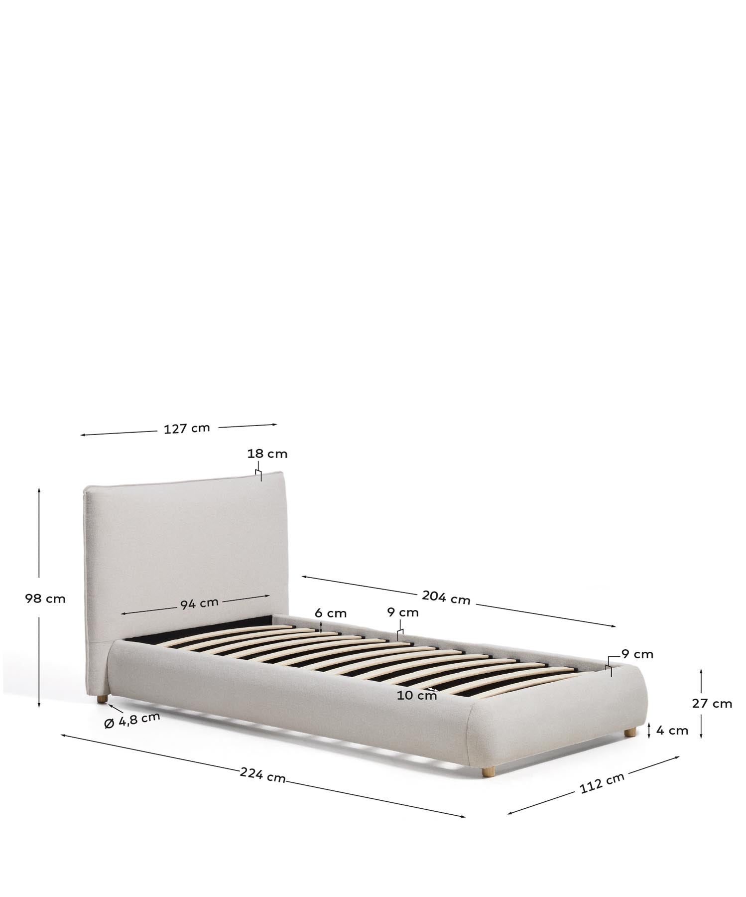Bett Elerio mit ecrufarbener Chenille für Matratzengrösse 90 x 200 cm in Ecru präsentiert im Onlineshop von KAQTU Design AG. Bett ist von Kave Home
